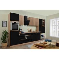 Küchenzeile Premium m. Geräte Schwarz/Eiche B: ca. 380 cm - Schwarz Hochglanz/Eichefarben, Basics, Holzwerkstoff (380cm) - Respekta