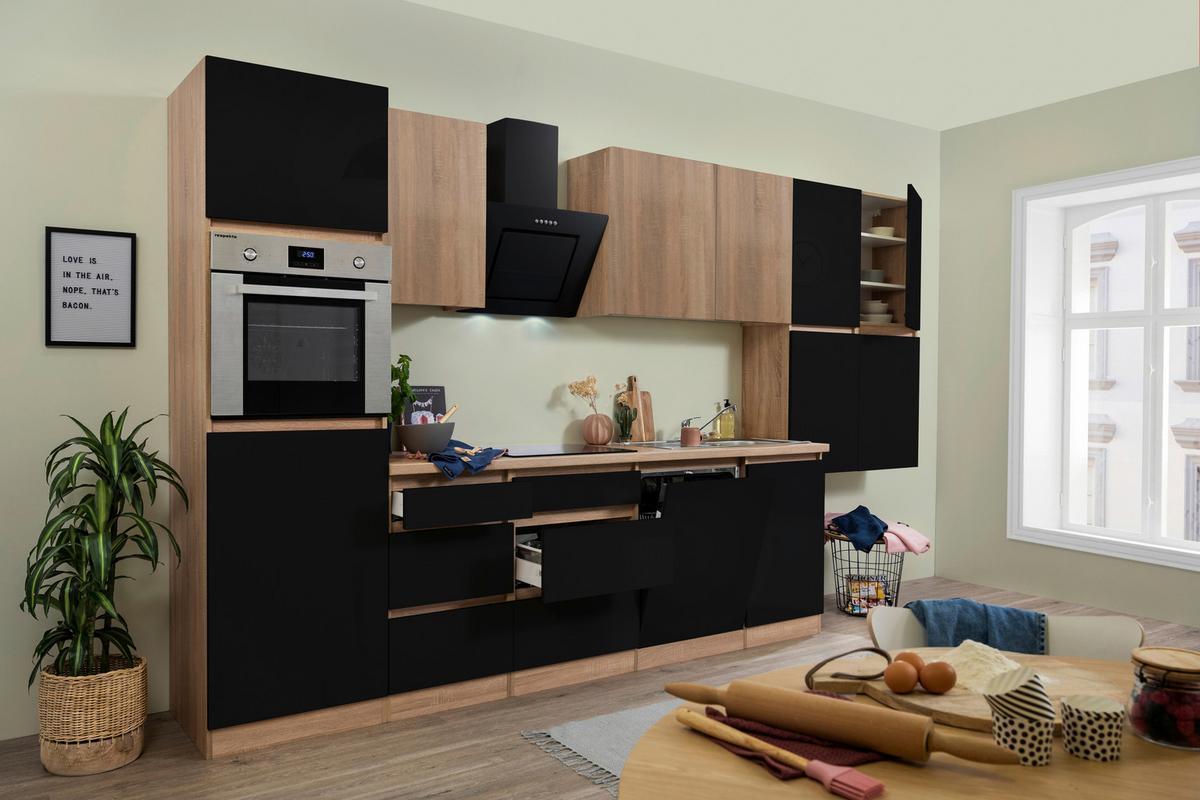 Küchenzeile Premium m. Geräte Schwarz/Eiche B: ca. 380 cm - Schwarz Hochglanz/Eichefarben, Basics, Holzwerkstoff (380cm) - Respekta