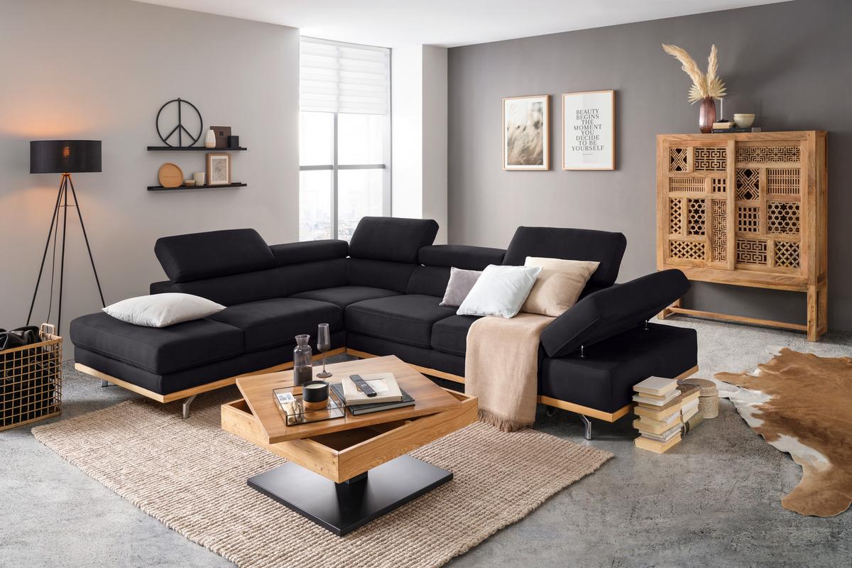 Wohnlandschaft Carmen links Dunkelbraun - Dunkelbraun/Schwarz, MODERN, Leder/Holz (292/72/226cm) - Premium Living