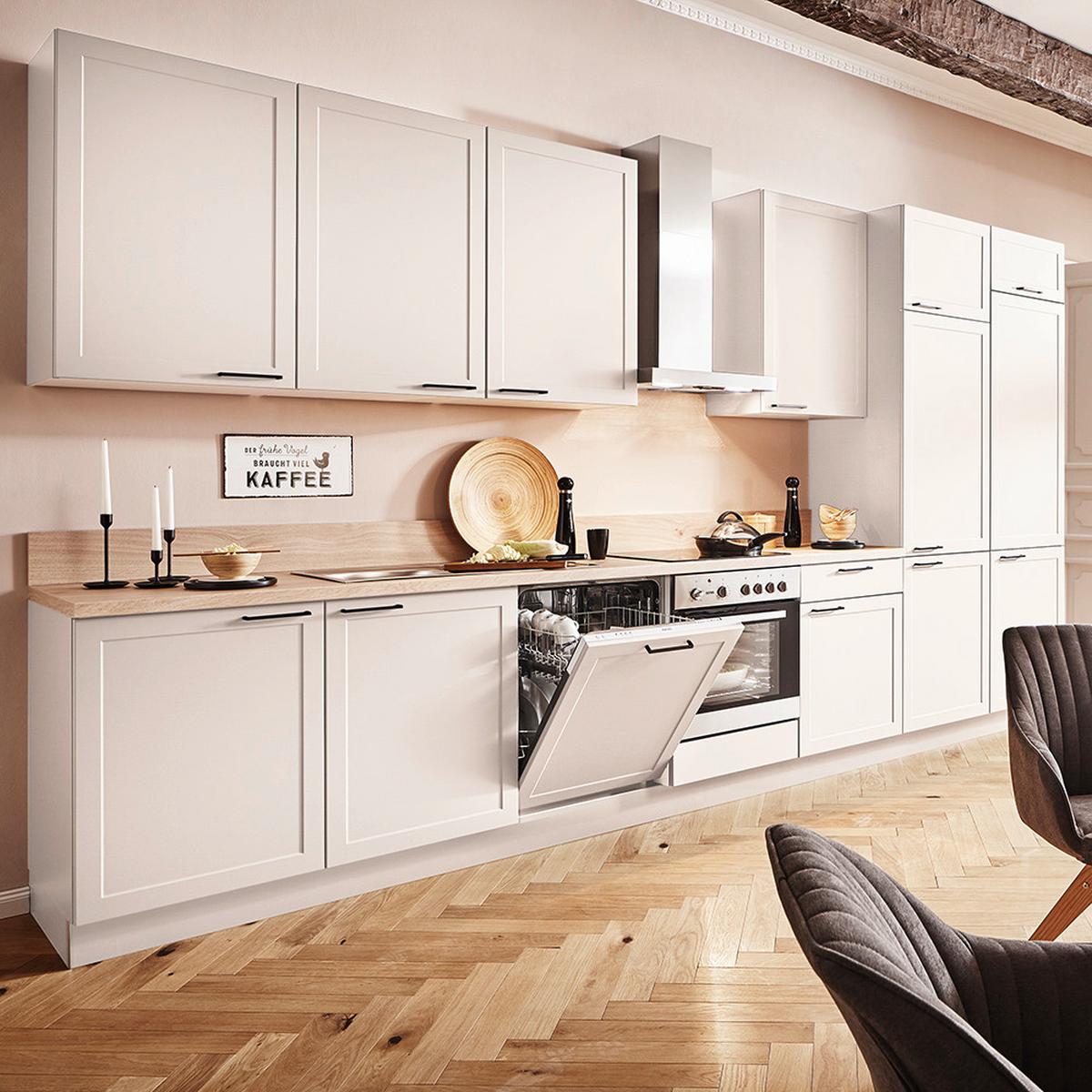 Küchenblock Home o. Geräte Magnolia matt - Eichefarben/Anthrazit, ROMANTIK / LANDHAUS, Holzwerkstoff/Metall (420cm) - Express-Kuechen