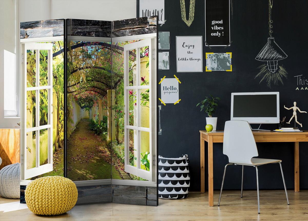 Paravan Secret Garden, 3-Delni, Enostranski - bela/svetlo zelena, Basics, tekstil/les (135/172/3cm) - artgeist