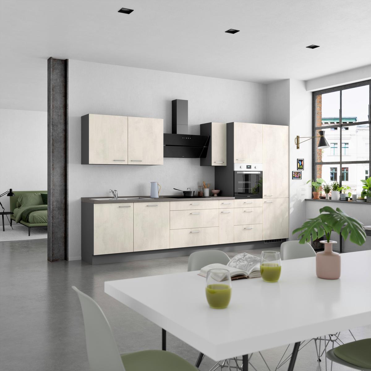 Küchenblock Riva High m. Geräten Weiß - Schieferfarben/Edelstahlfarben, MODERN, Holzwerkstoff/Metall (360cm) - Nobilia