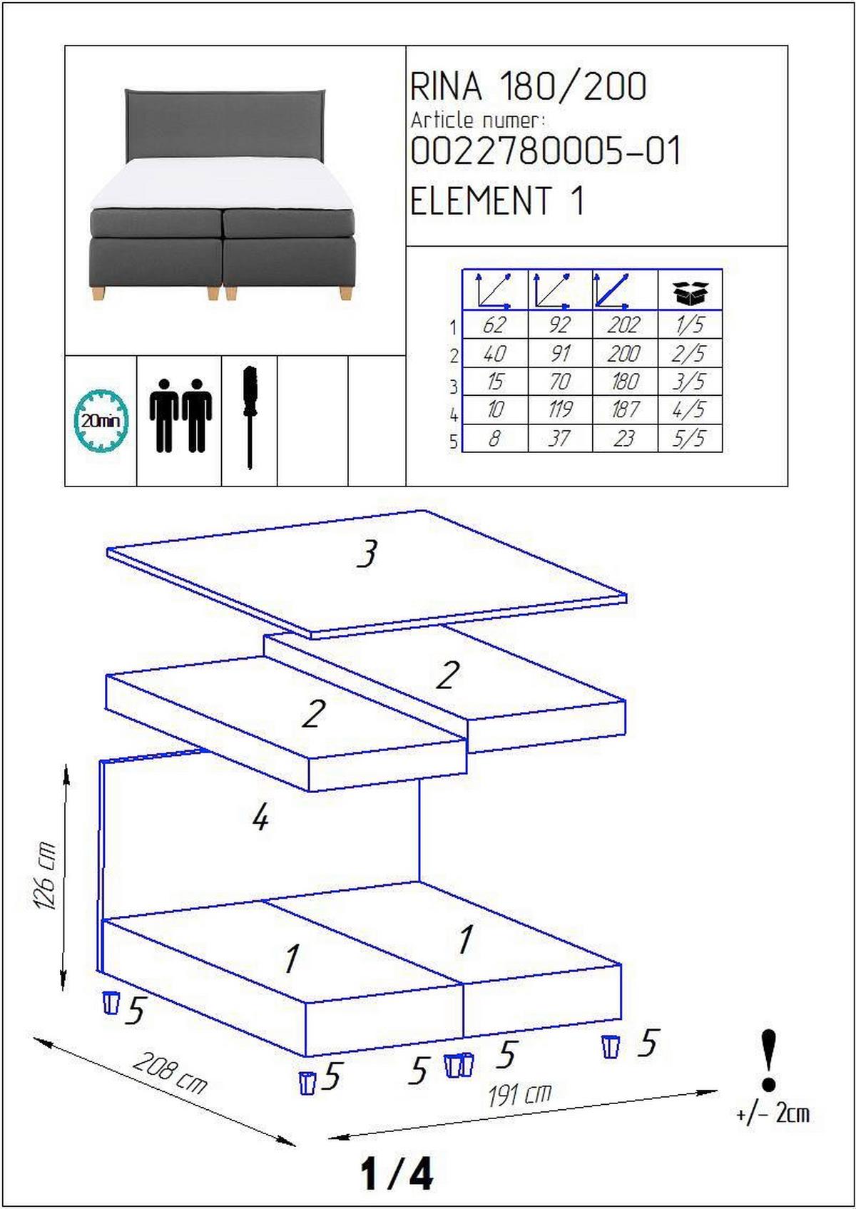 Boxbett Rina Grau ca. 180x200 cm mit Topper - Naturfarben/Grau, MODERN, Holz/Textil (180/200cm) - Bessagi Home