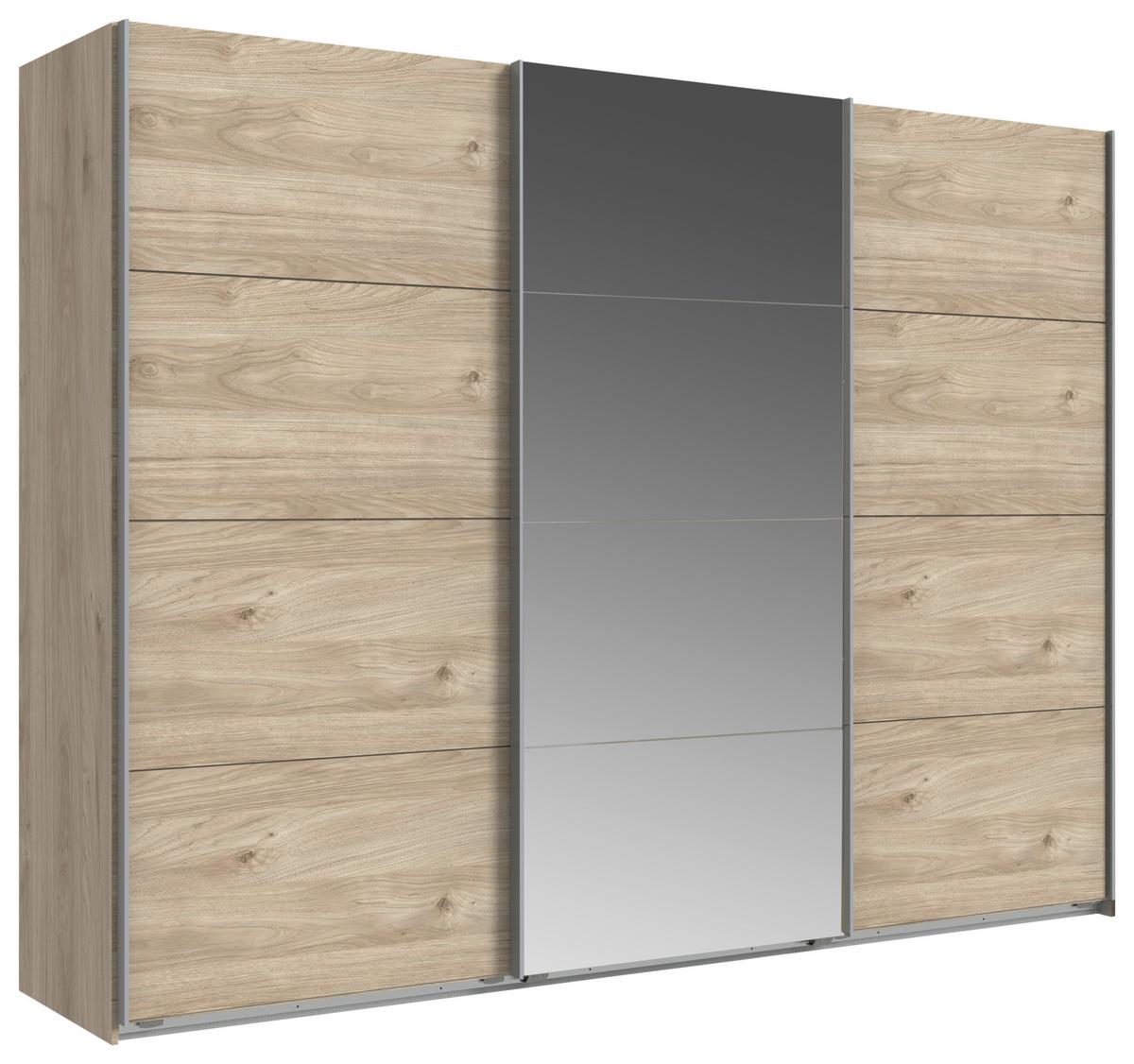 Omara Z Drsnimi Vrati Ernie, Barva Hrasta, Z Ogledalom - barve hrasta/barve aluminija, Basics, kovina/leseni material (270/210/65cm) - MID.YOU