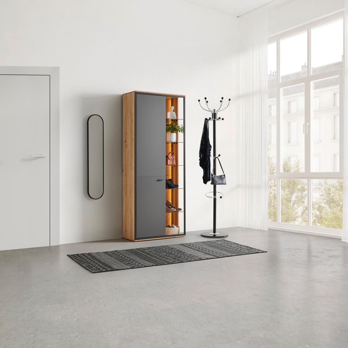 Garderobenschrank Florenz Grau/Eiche Artisan - Schwarz/Eiche Artisan, Modern, Glas/Holzwerkstoff (79/196,2/37,3cm) - Premium Living