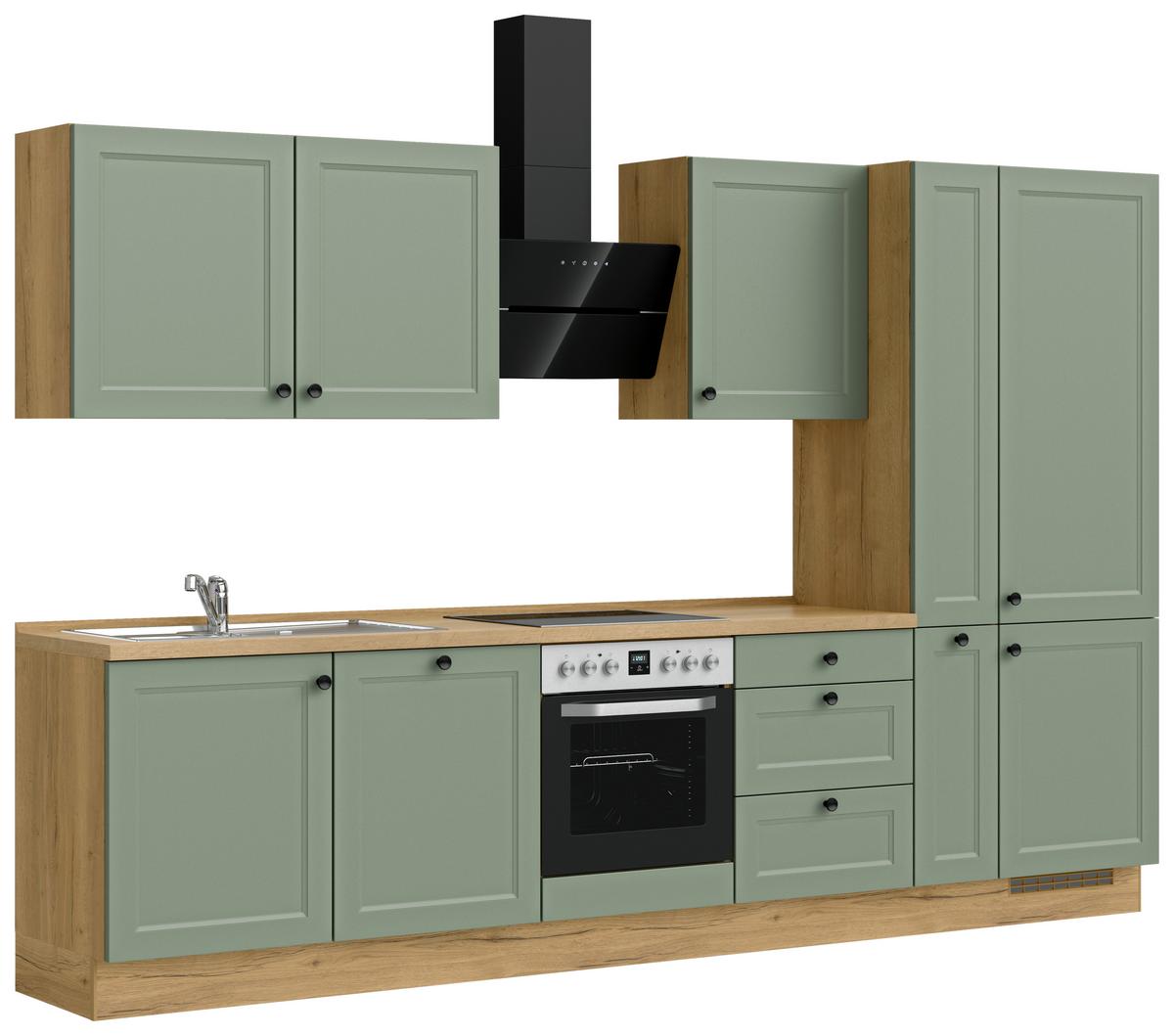 Küchenblock Cascada High m. Geräten Schilfgrün - Schilfgrün/Eichefarben, MODERN, Holzwerkstoff/Metall (330cm) - Nobilia