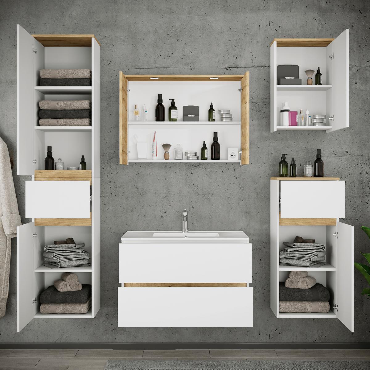 Badezimmer Cosila - Honigeiche/Weiss, Trend, Keramik/Holzwerkstoff (161cm) - MID.YOU