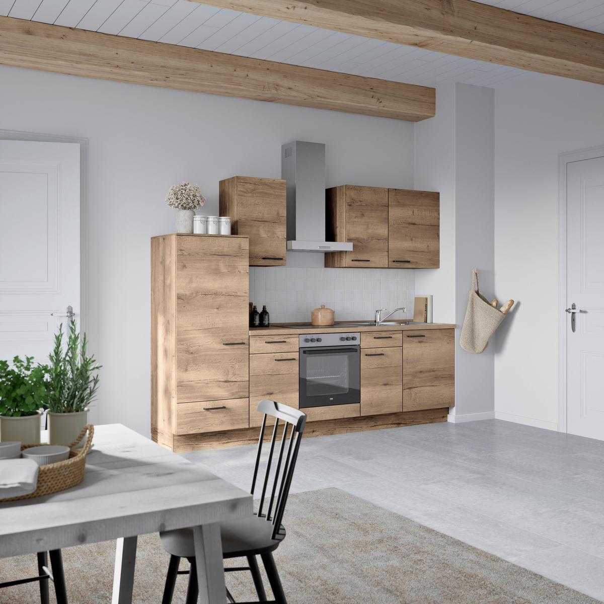 Küchenblock Structura Low m. Geräten Eiche dunkel - Eiche dunkel/Eichefarben, MODERN, Holzwerkstoff/Metall (270cm) - Nobilia