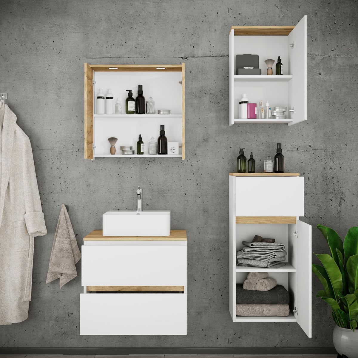 Badezimmer Cosila - Honigeiche/Weiss, Trend, Keramik/Holzwerkstoff (100cm) - MID.YOU