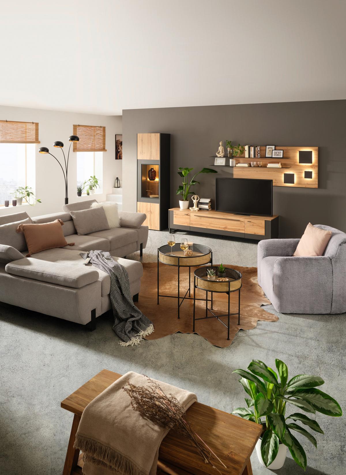 Vitrine Skagen in Eichefarben - Schieferfarben/Eichefarben, MODERN, Glas/Holzwerkstoff (56/196/40cm) - Premium Living