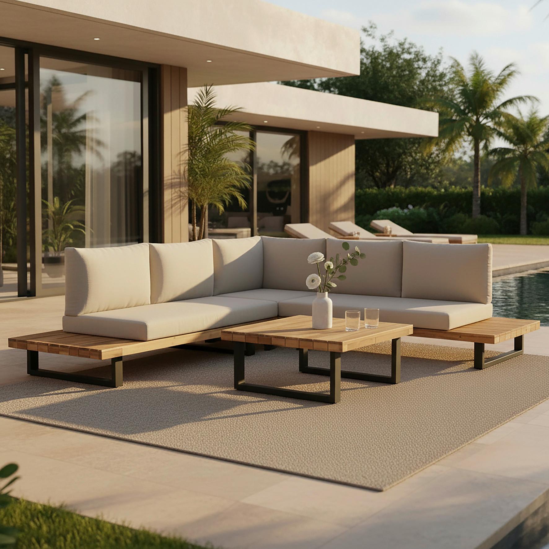 Loungegarnitur Cristina Creme Echtholz/Textil/Metall - noir/crème, Modern, métal/textile (254/78/82cm) - Bessagi Garden