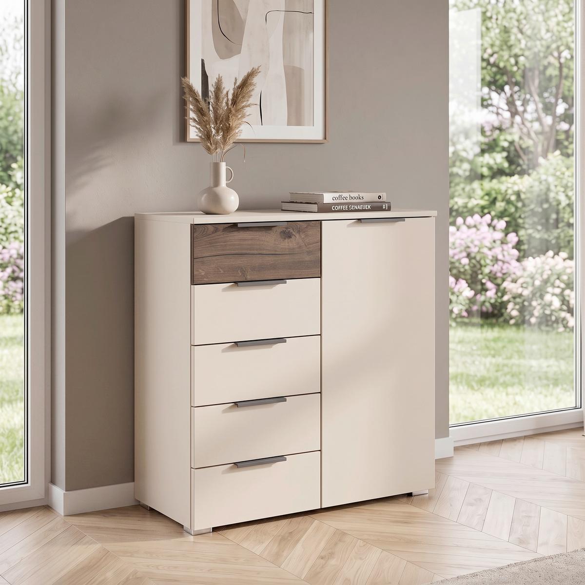 Komoda Sajo, Barva Šampanjca, Barva Hrasta - barve šampanjca/temni hrast, Trend, leseni material (80/84/40cm) - Premium Living
