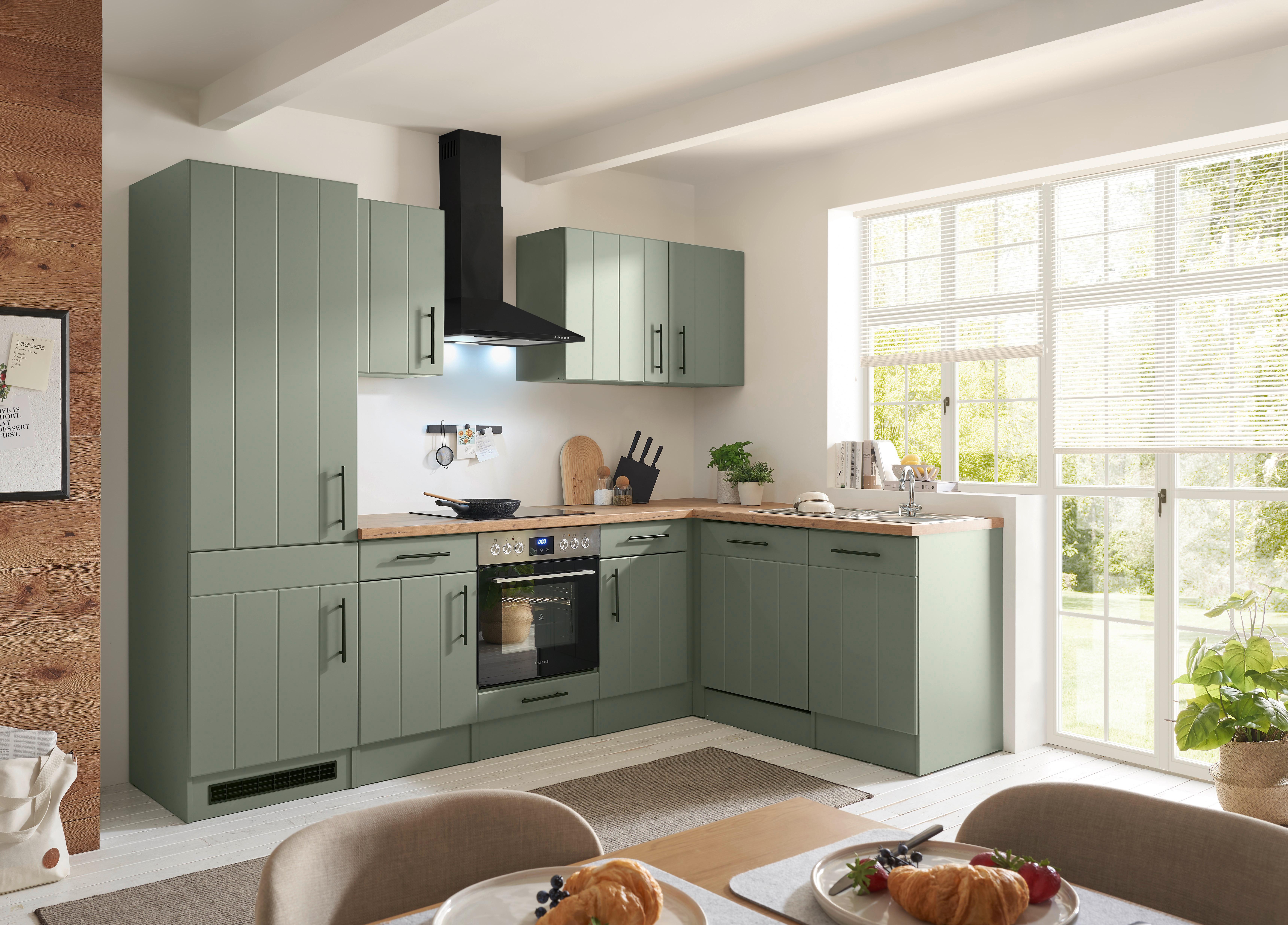 Eckküche Anton m. Geräte ca. 280x172cm Eiche/Schilfgrün - Schilfgrün/Wildeiche, Trend, Holzwerkstoff/Metall (280/172cm) - Respekta