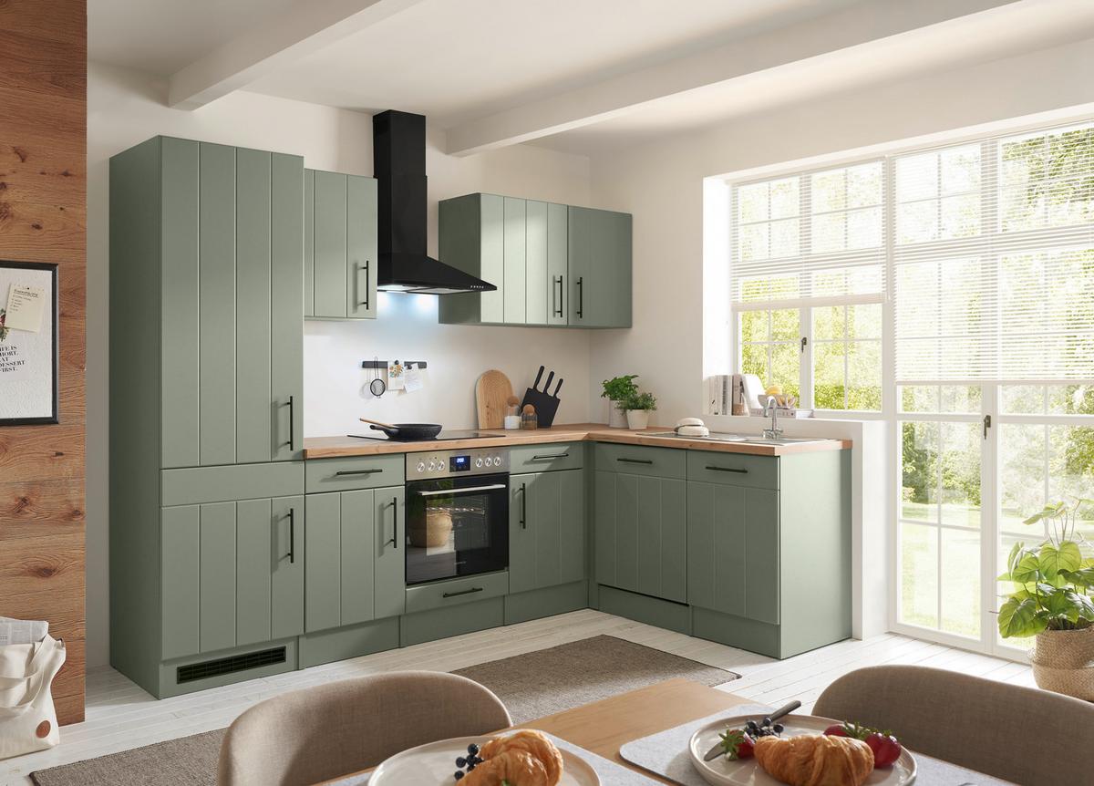 Eckküche Anton m. Geräte ca. 280x172cm Eiche/Schilfgrün - Schilfgrün/Wildeiche, Trend, Holzwerkstoff/Metall (280/172cm) - Respekta