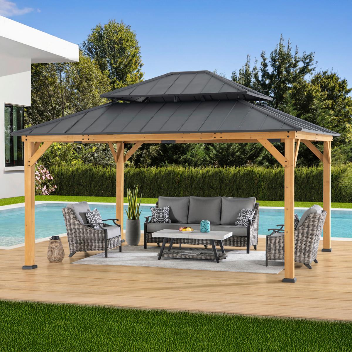 Pavillon Gazebo Anthrazit Echtholz - Anthrazit, Basics, Metall (390/320/450cm) - Modante