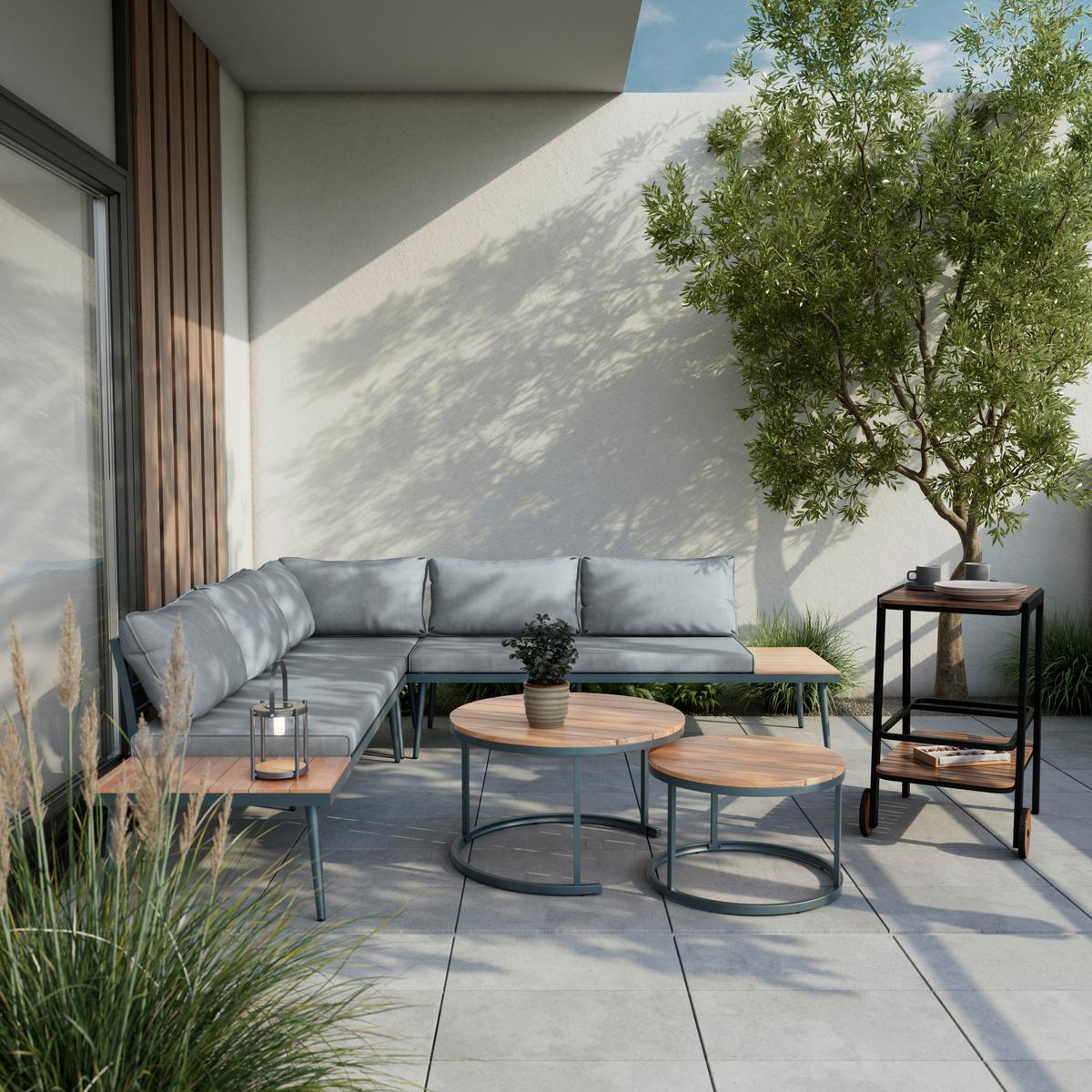 Loungegarnitur-Set Lorena Grau Akazie Metall/Outdoorstoff - Schwarz/Grau, MODERN, Holz/Textil (241/67/69cm) - Bessagi Garden