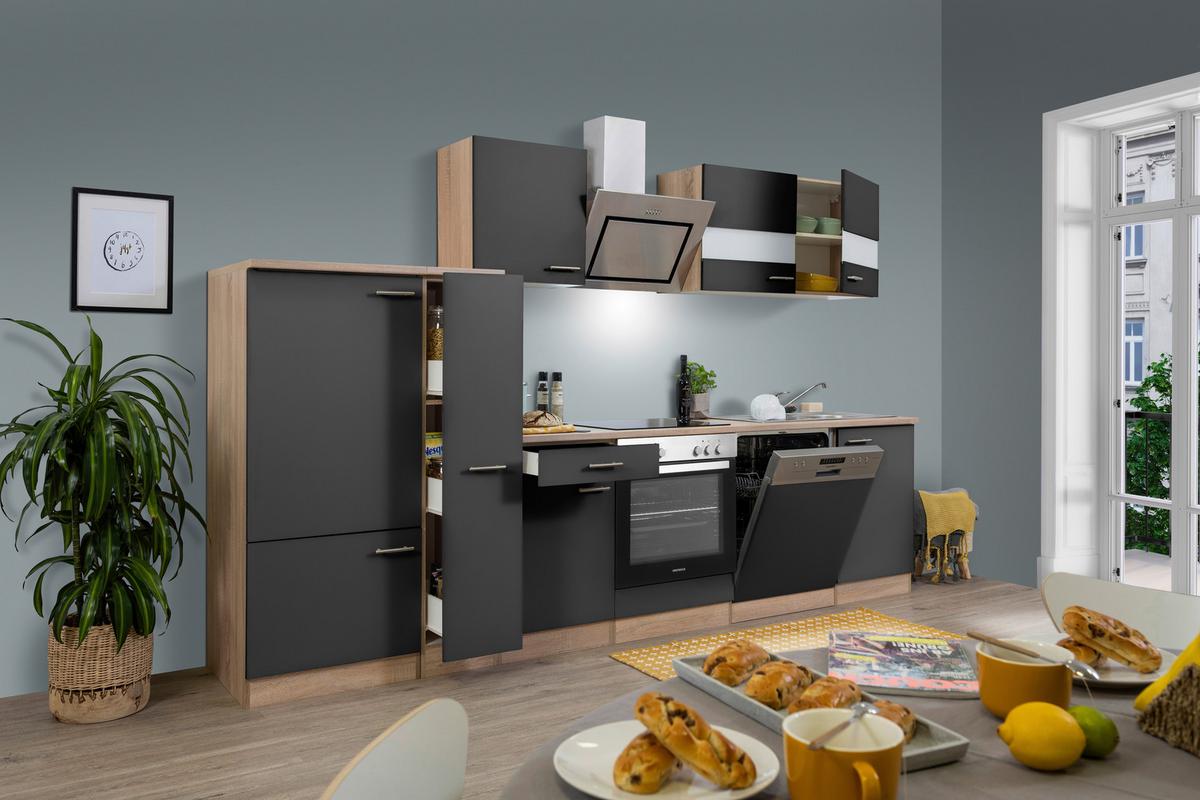 Küchenblock Malia mit Geräten ca. 310 cm Grau - Edelstahlfarben/Eichefarben, Basics, Holzwerkstoff/Metall (310cm) - Respekta