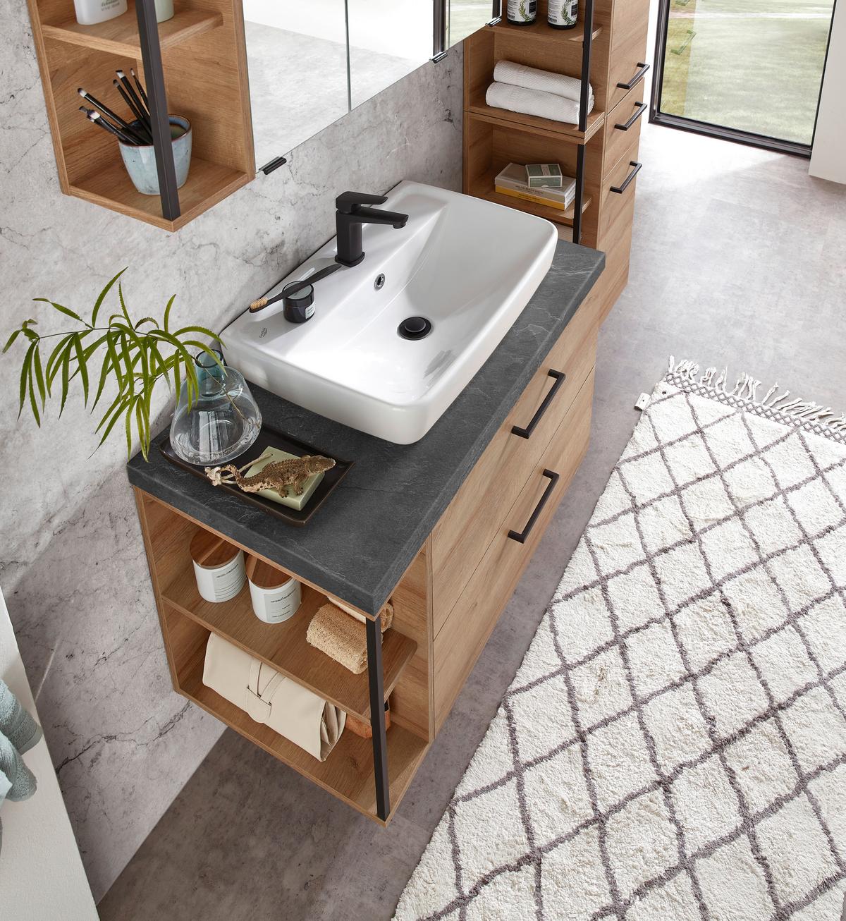 Badezimmer in Eiche/Schiefer - Schieferfarben/Weiss, Modern, Keramik/Holzwerkstoff (90cm) - Pelipal