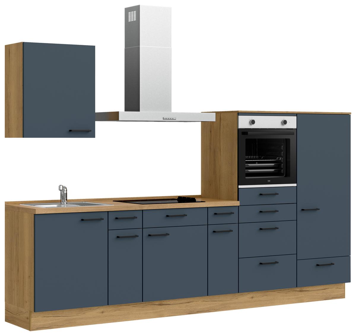 Küchenblock Easytouch Low m. Geräten Blau - Blau/Eichefarben, MODERN, Holzwerkstoff/Metall (300cm) - Nobilia