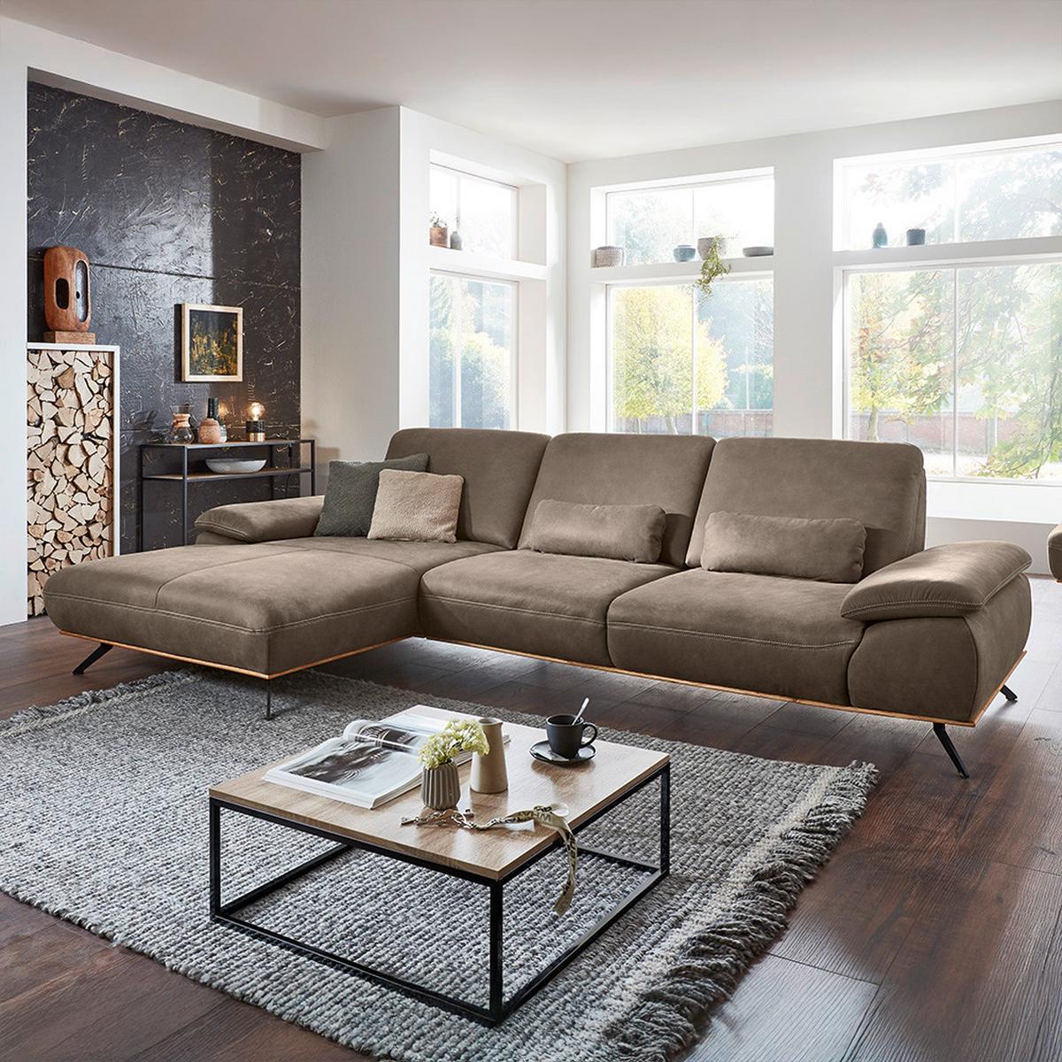 Wohnlandschaft Erling Alufarben - Beige/Alufarben, MODERN, Leder/Metall (187/89/322cm) - Premium Living