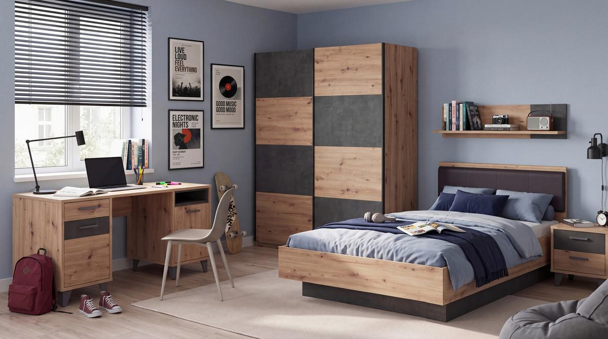 Postelja Raven, Barva Hrasta, Temno Siva, 120x200 - temno siva/črna, Design, leseni material/tekstil (120/200cm) - Carryhome