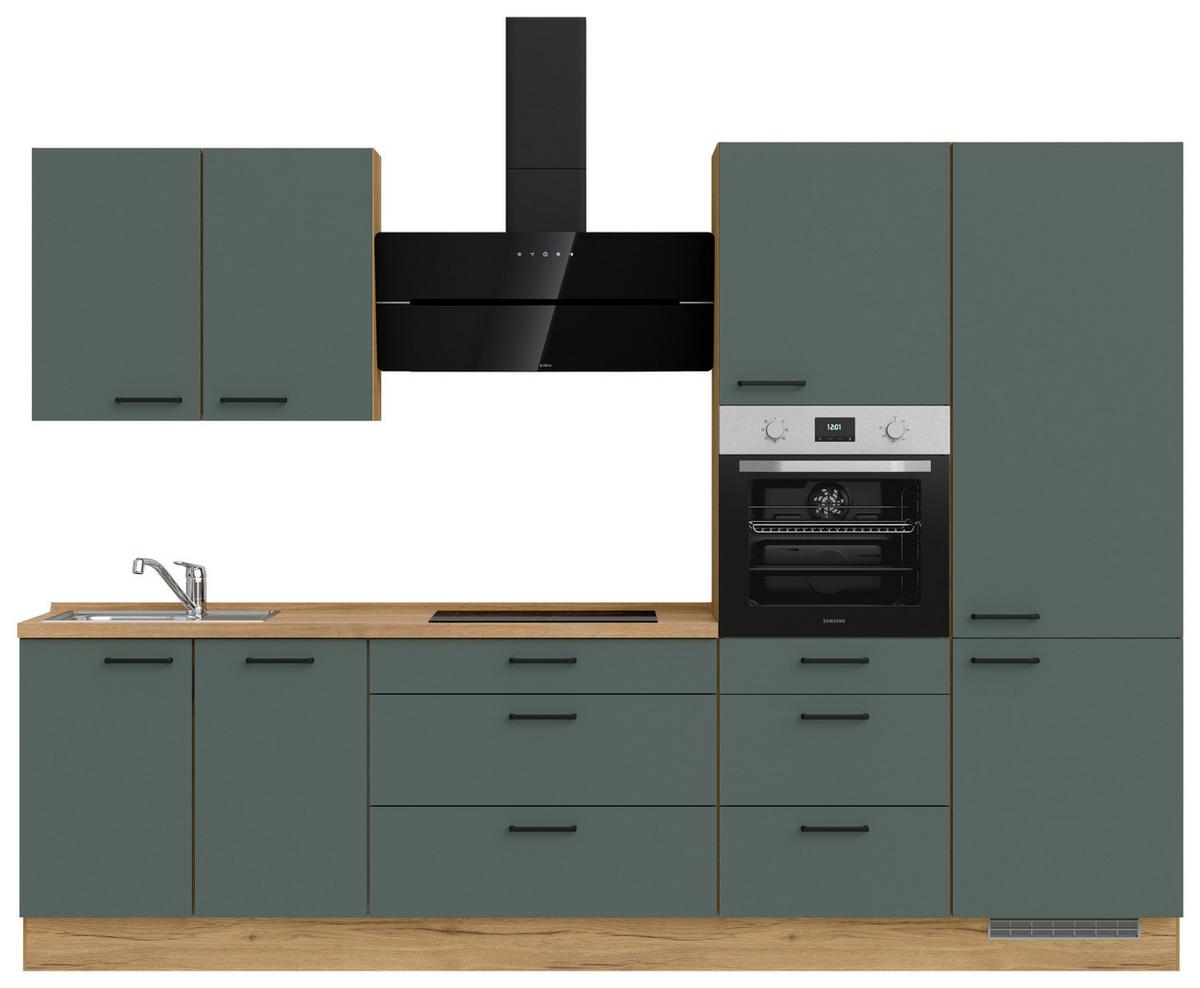 Küchenblock Easytouch High m. Geräten Dunkelgrün - Dunkelgrün/Eichefarben, MODERN, Holzwerkstoff/Metall (300cm) - Nobilia