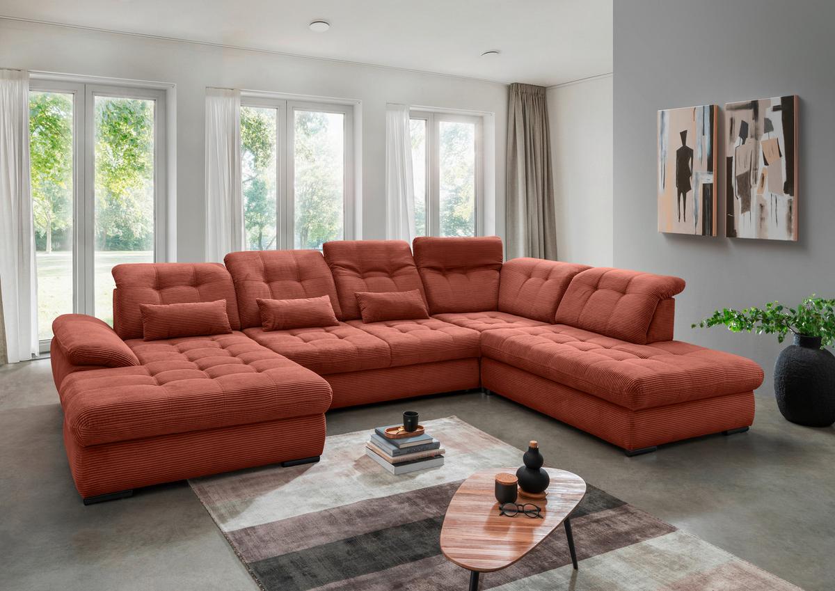 Wohnlandschaft Rigatti Koralle Cord mit Bettkasten - Koralle/Schwarz, MODERN, Textil/Metall (184/387/252cm) - Livetastic