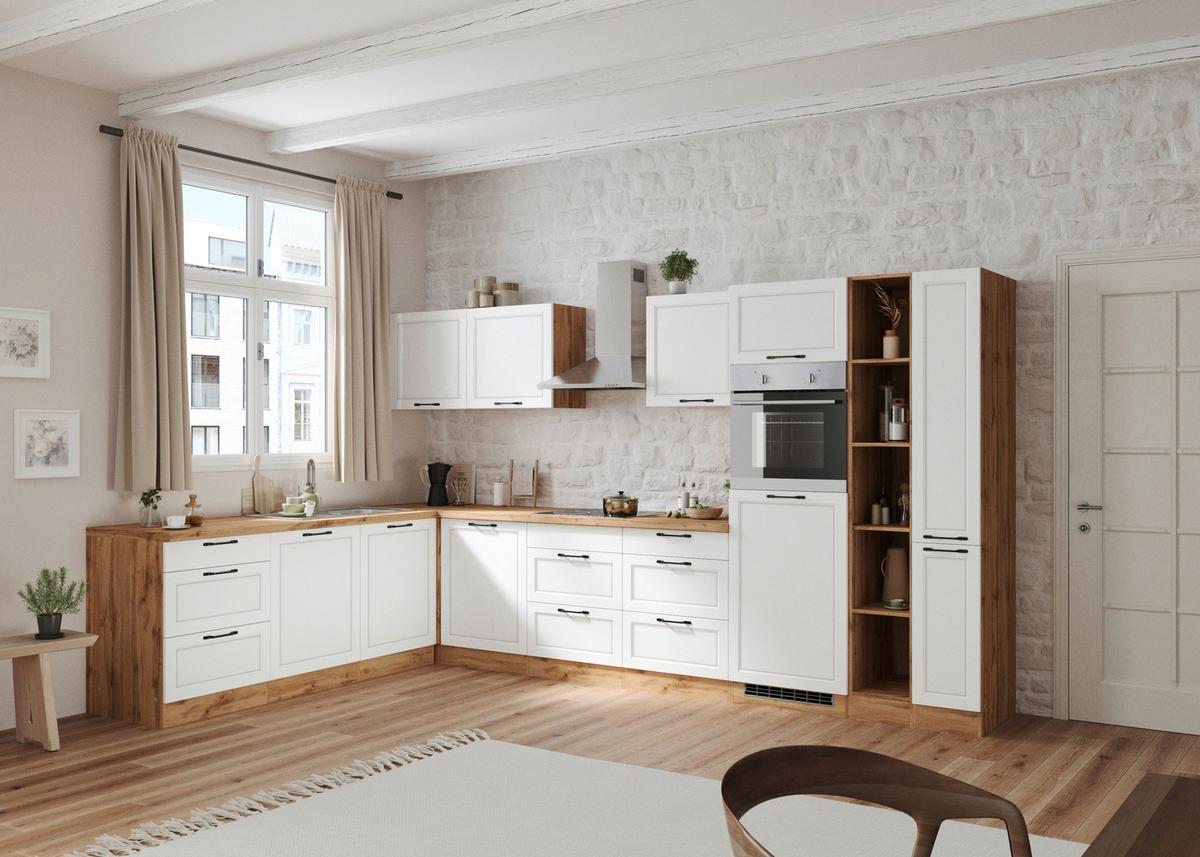 Eckküche Meran mit Geräten ca. 240x360 cm Weiß/Eiche - Eiche Wotan/Schwarz, LIFESTYLE, Holzwerkstoff/Metall (240/360cm) - Held