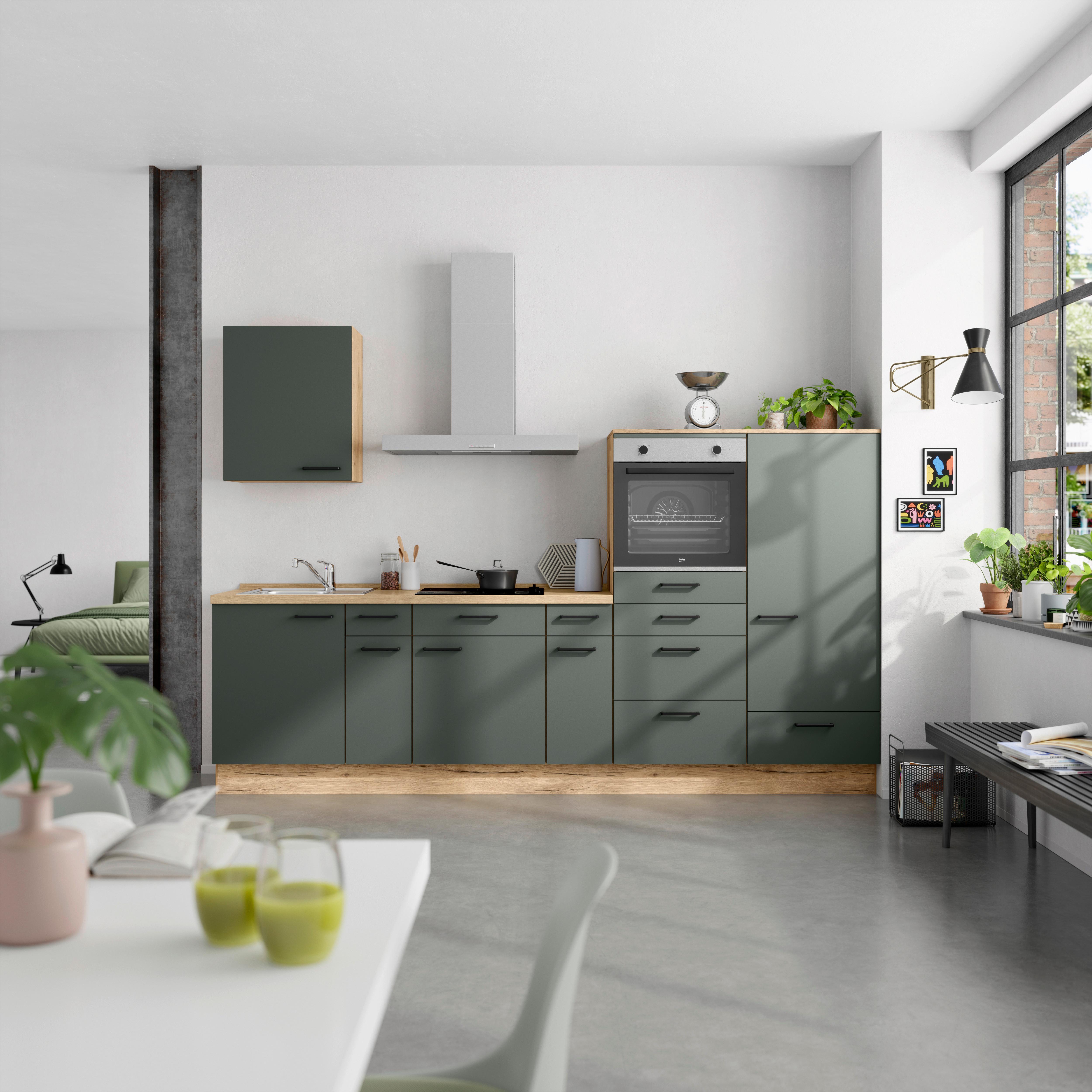 Küchenblock Easytouch m. Geräten Dunkelgrün - Dunkelgrün/Eichefarben, MODERN, Holzwerkstoff/Metall (300cm) - Nobilia