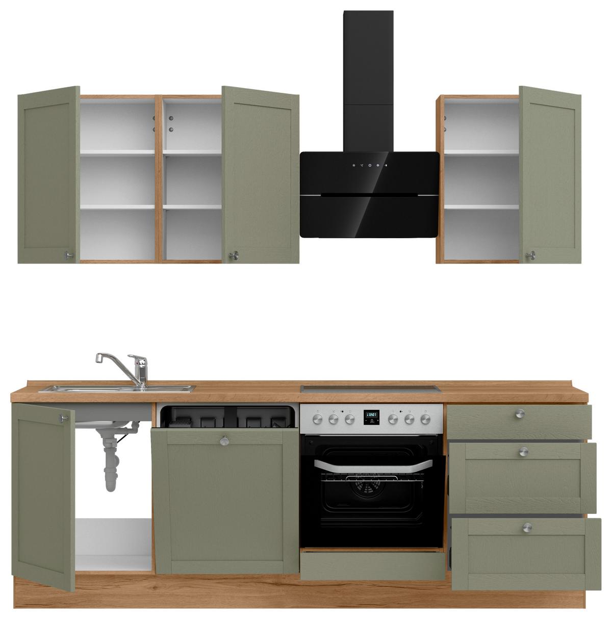 Küchenleerblock Frame High o. Geräte Olivgrün - Edelstahlfarben/Eichefarben, ROMANTIK / LANDHAUS, Holzwerkstoff/Metall (240cm) - Nobilia