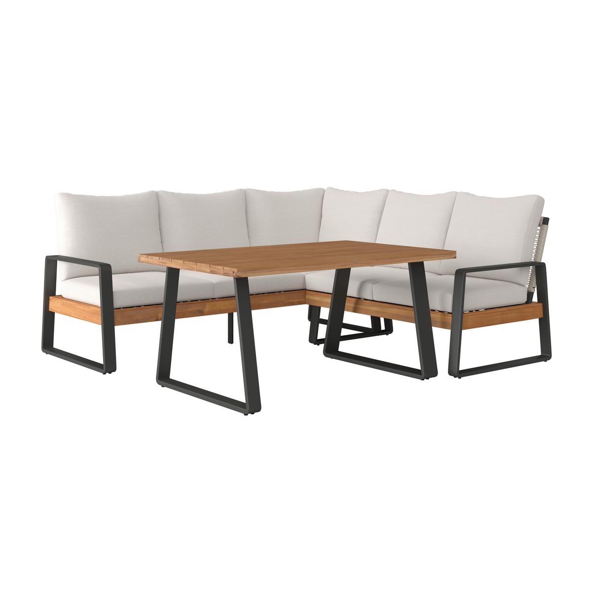 Dining-Loungeset Alexa Holz Outdoorstoff/Metall +Abdeckung - Anthrazit/Creme, MODERN, Holz/Textil (208,5/81/85,5cm) - Bessagi Garden