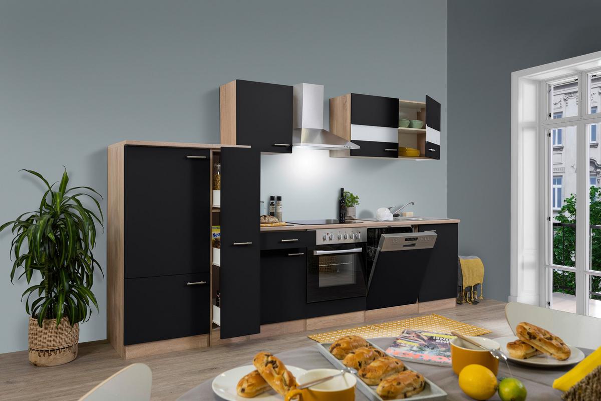 Küchenleerblock LBKB310ESS Schwarz/Eiche ca. 310 cm - Edelstahlfarben/Eichefarben, Basics, Holzwerkstoff/Metall (310cm) - Respekta