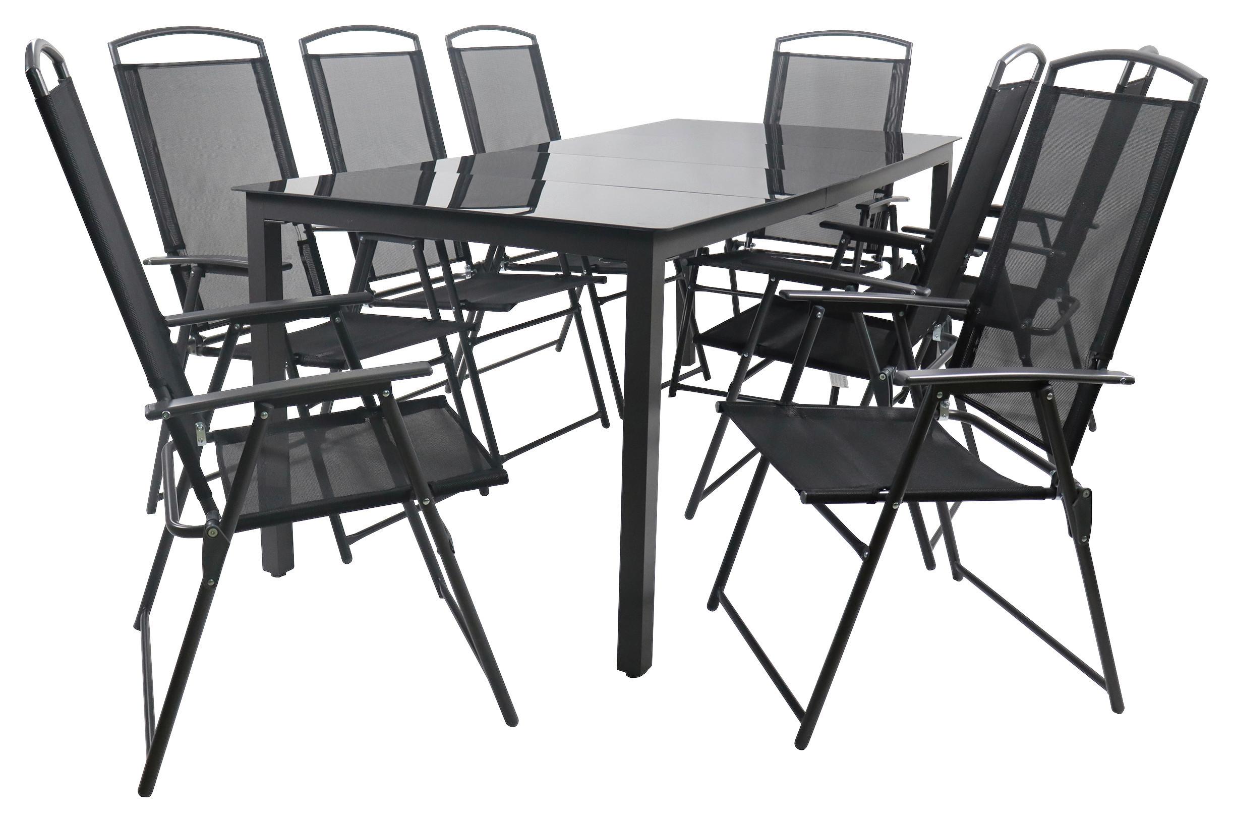 Gartentischgruppe Schwarz 9-teilig - Anthrazit/Schwarz, Basics, Glas/Textil - Gardenson