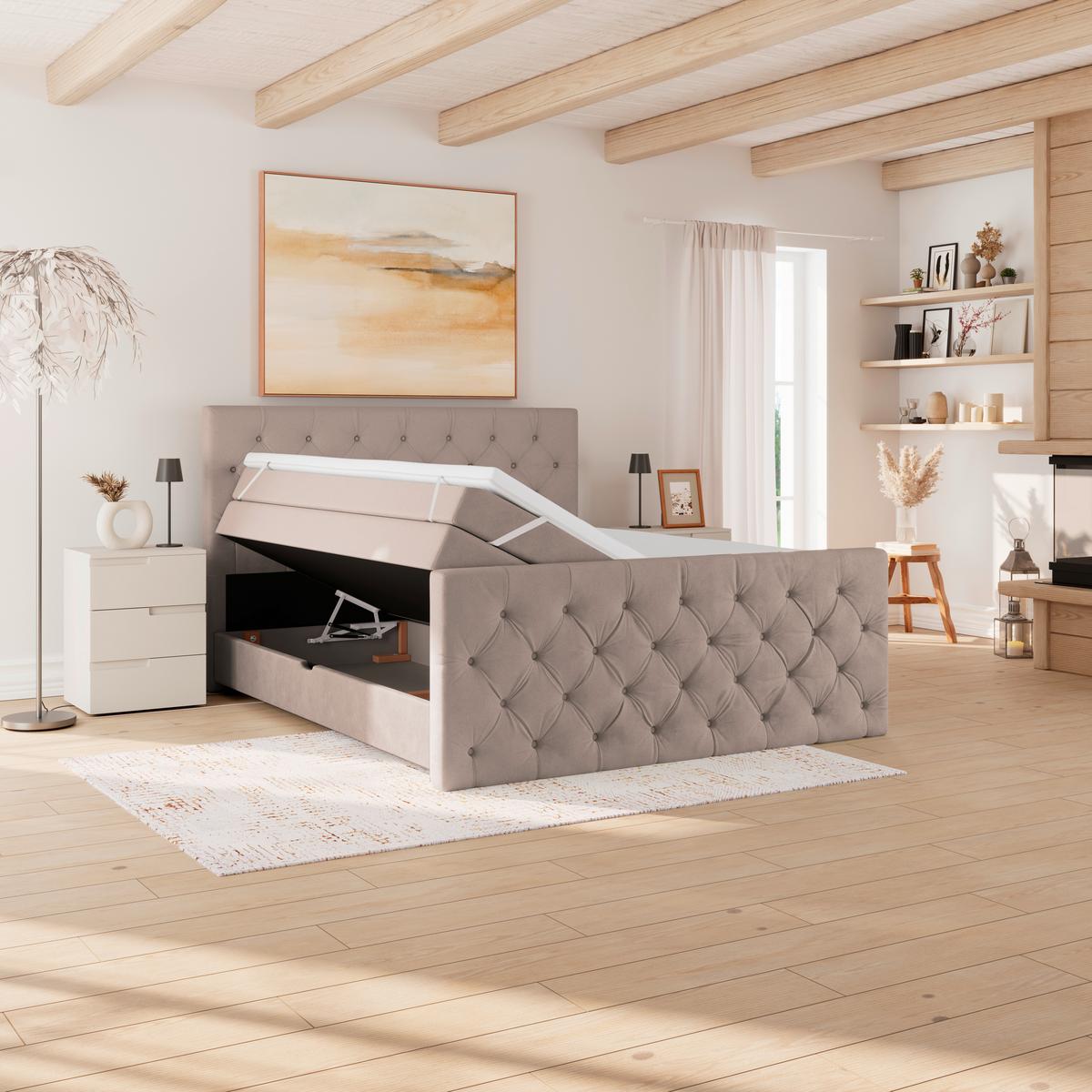 Boxspring Krevet Elio - bež/crna, Romantično / ladanjski, tekstil/plastika (160/200cm) - Modern Living