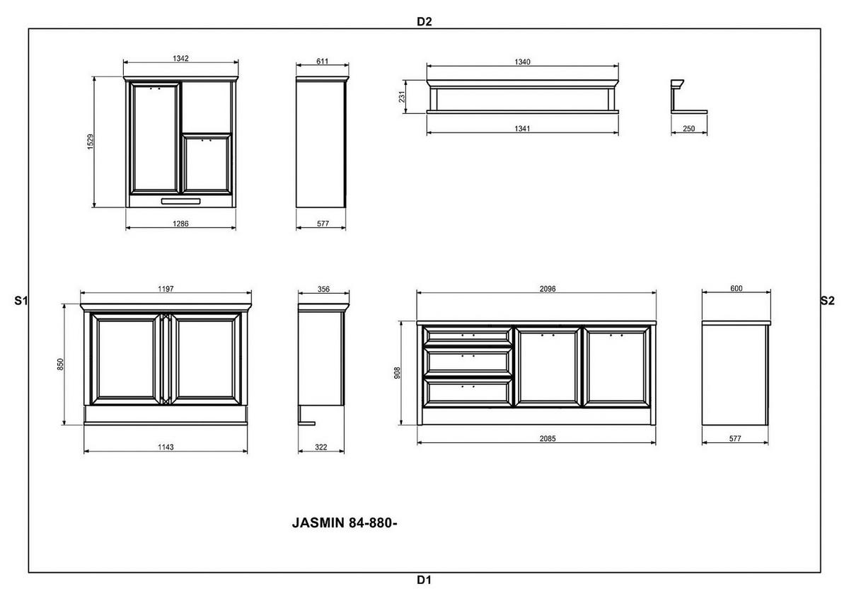 Küchenblock Jasmin mit Geräten ca. 210 cm Pinienfarben/Eiche - Anthrazit/Eiche Artisan, ROMANTIK / LANDHAUS, Glas/Holzwerkstoff (210-135/228/153/60/61cm) - P & B
