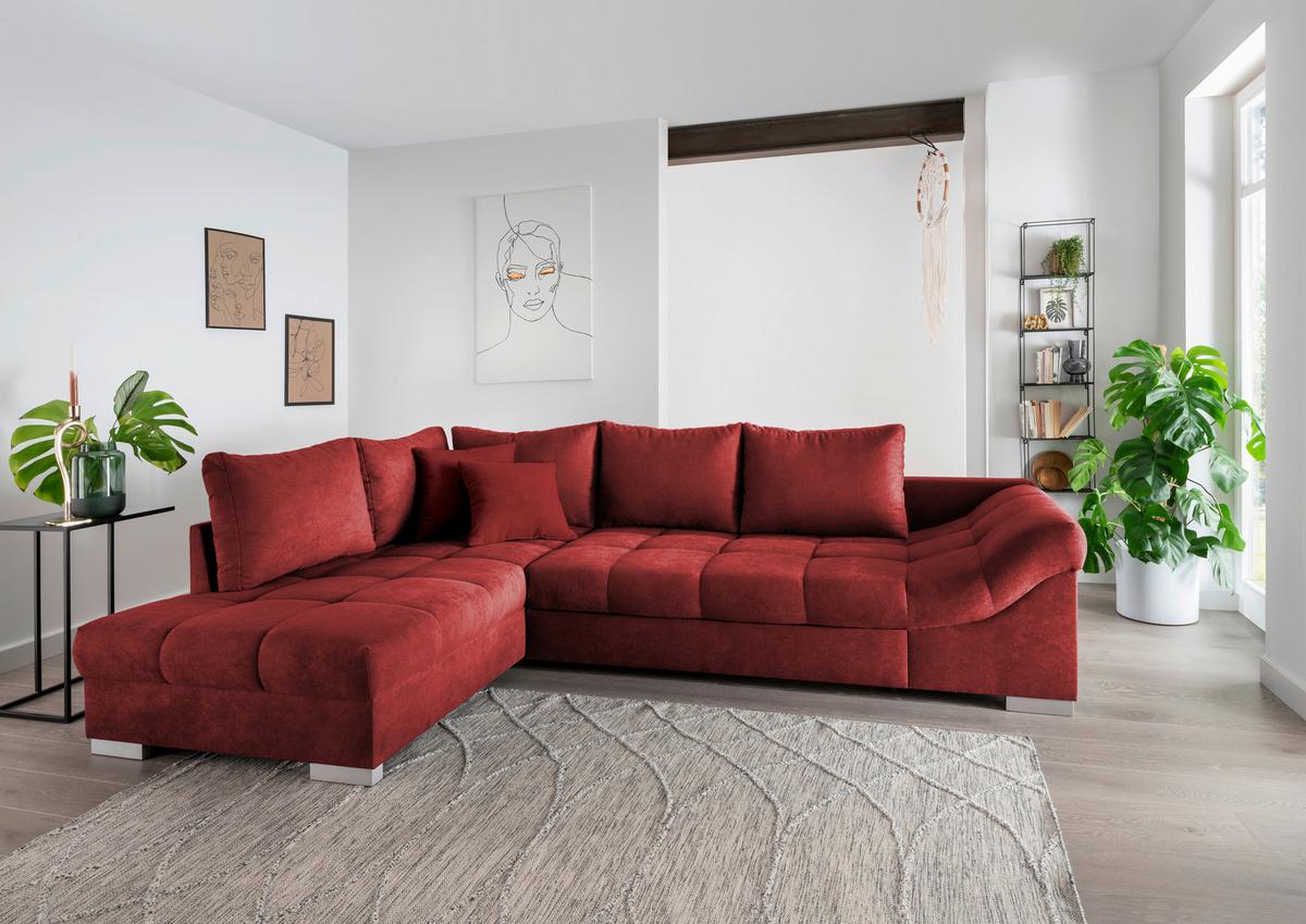 Wohnlandschaft Alvito Rot Nylon/Mikrofaser - Rot/Silberfarben, Design, Holz/Textil (202/298cm) - MID.YOU