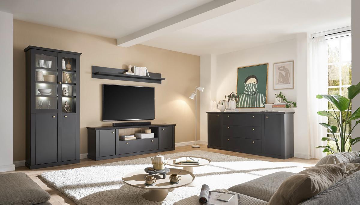 Wohnwand Lincoln Schwarz/Eichefarben B: 301cm - Eichefarben/Messingfarben, Design, Holzwerkstoff/Metall (301/200/42cm) - MID.YOU