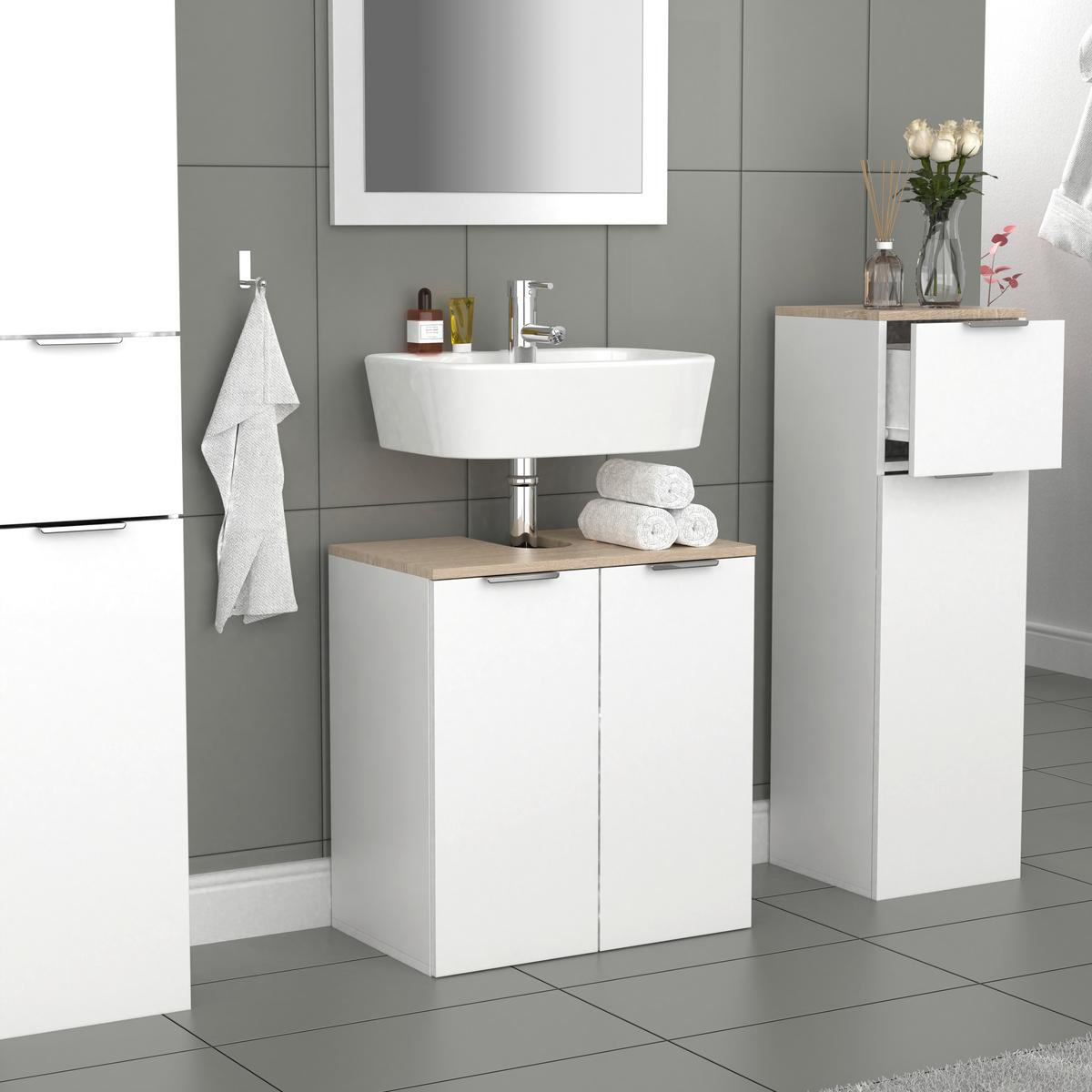 Waschbeckenunterschrank Donali ca. 56x60 cm Weiß/Eiche - Silberfarben/Weiß, MODERN, Holzwerkstoff/Metall (56/60/34cm) - MID.YOU