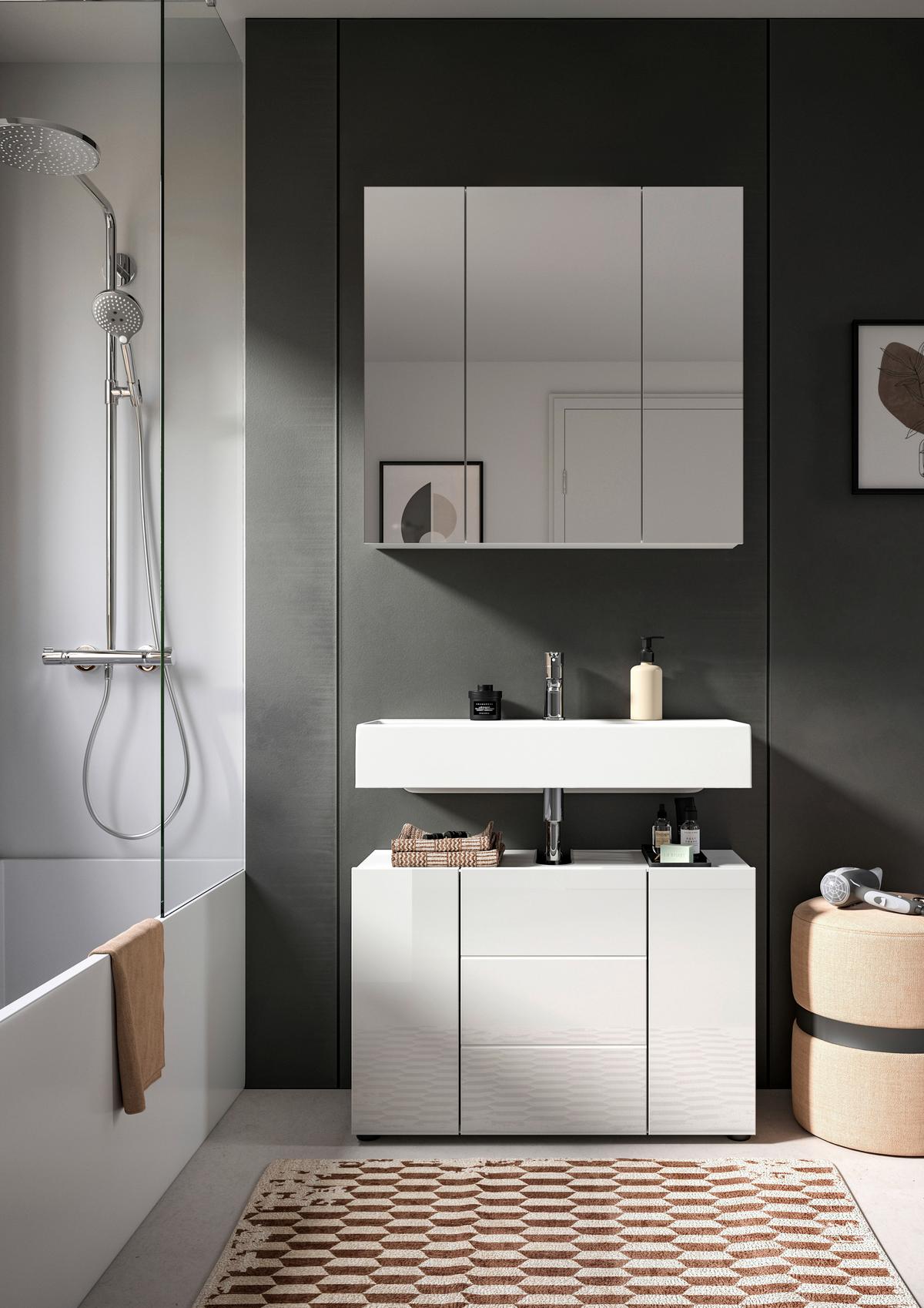 Badezimmer Vira 2-tlg. ca. 82 cm Weiß - Weiß Hochglanz/Schwarz, MODERN, Holzwerkstoff/Kunststoff (82cm) - MID.YOU