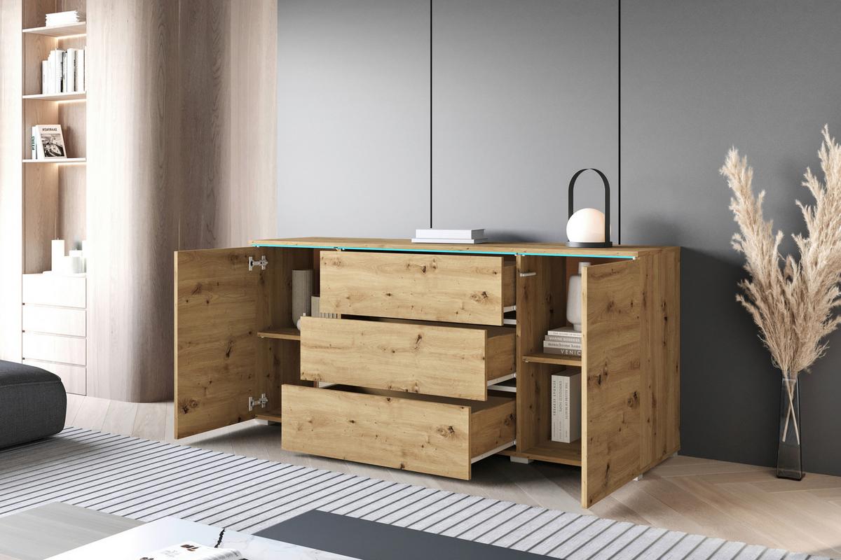 Sideboard Vera mit LED ca. 150 cm Eiche Artisan - Eiche Artisan/Grau, Basics, Holzwerkstoff/Kunststoff (150/67,9/39,5cm) - P & B