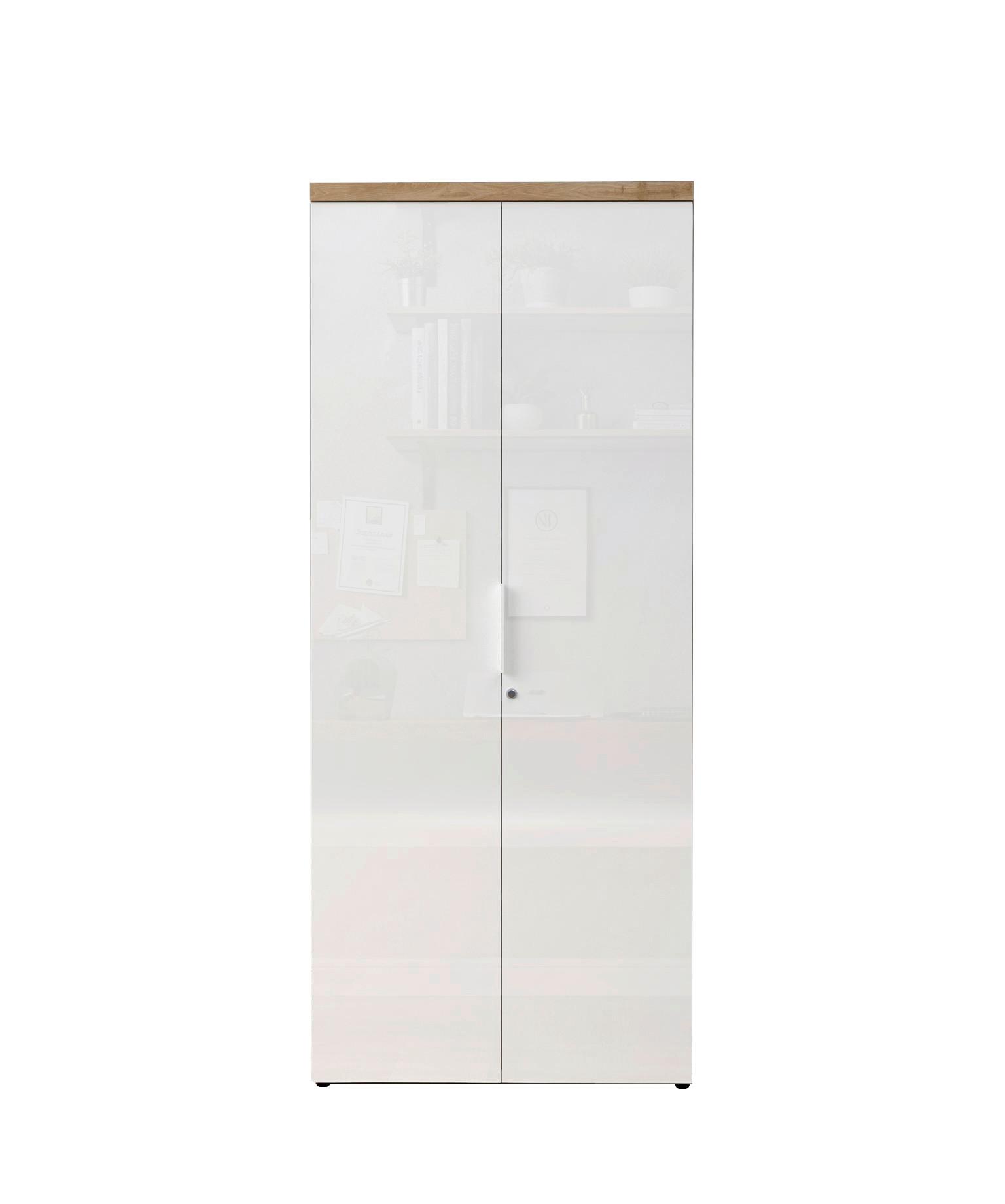 Schrank Easy Office Eichefarben/Weiß Hochglanz - Weiß Hochglanz/Eichefarben, MODERN, Holzwerkstoff/Metall (81/193/34cm) - Mömax