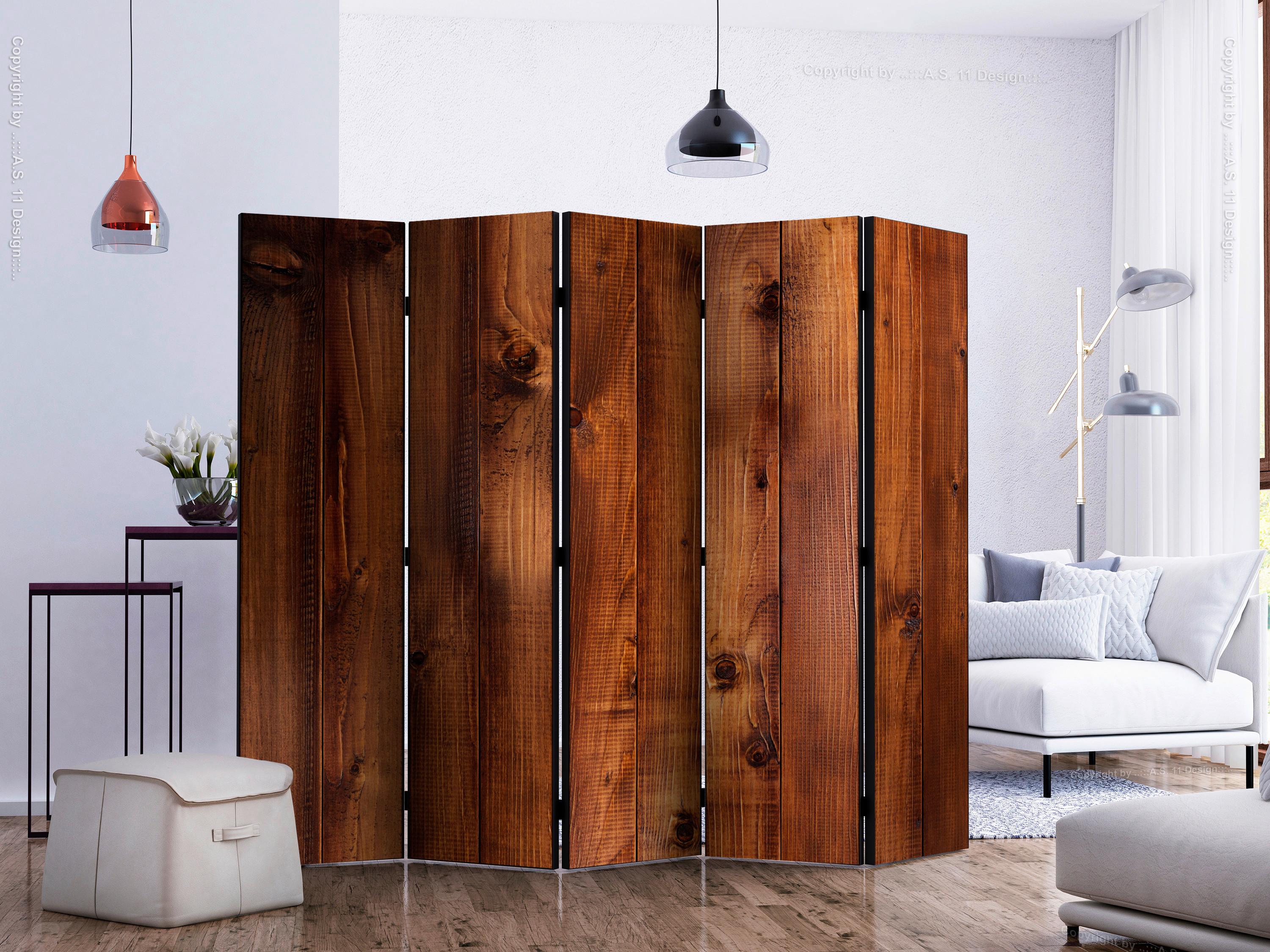 Paravan Pine Board I, 5-Delni, Akustičen - barve konjaka, Basics, umetna masa/tekstil (225/172/3cm) - artgeist