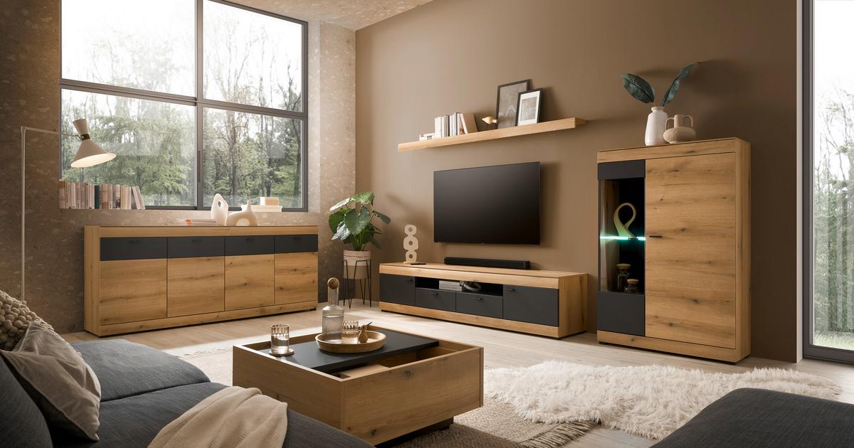 WOHNWAND SOLETO - Eichefarben/Graphitfarben, Design, Glas/Holzwerkstoff (300/170/45cm) - MID.YOU