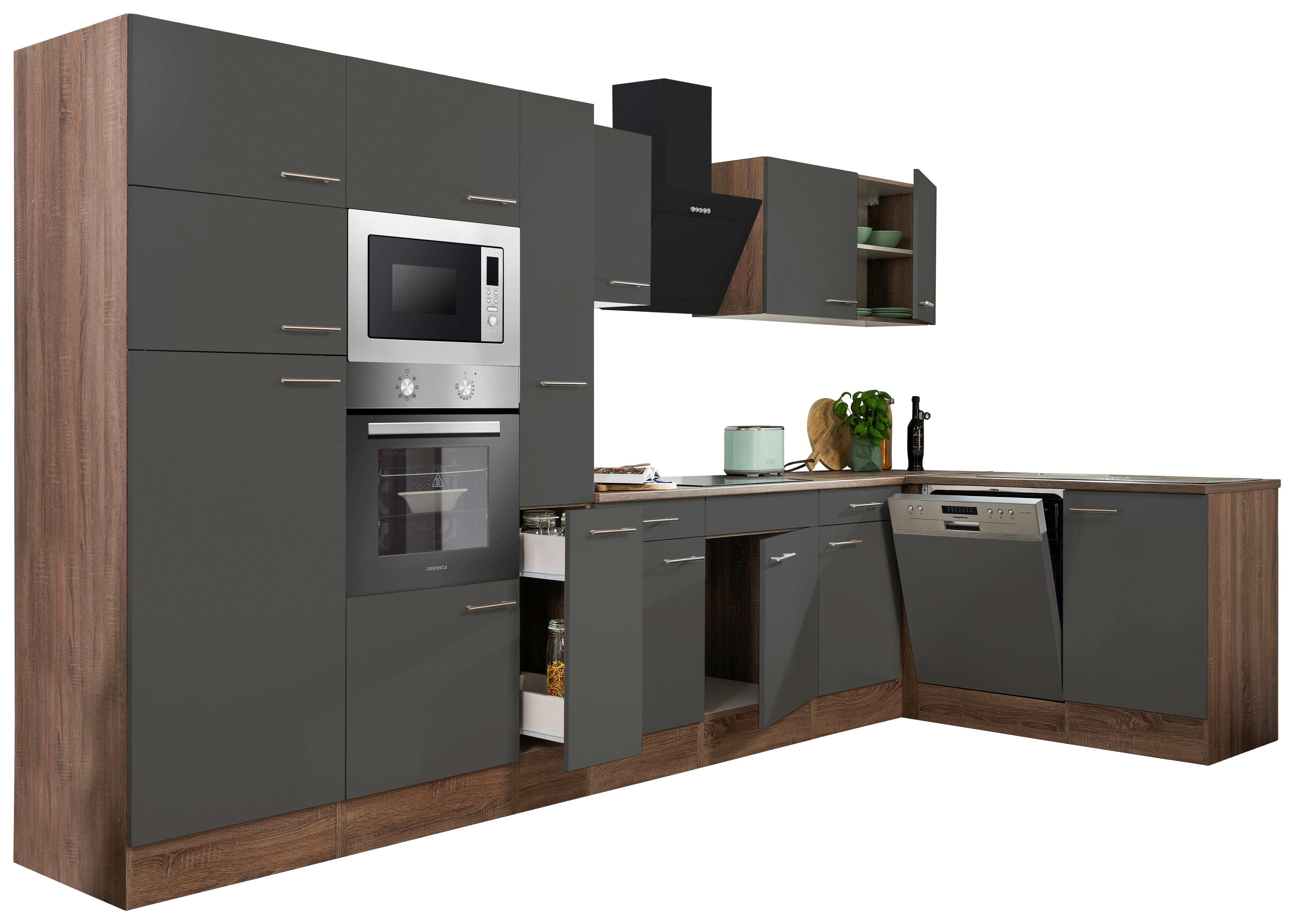 Eckküche Oliver mit Geräten ca. 370x172 cm Grau - Eichefarben/Grau, Basics, Holzwerkstoff/Metall (370/172cm) - Respekta