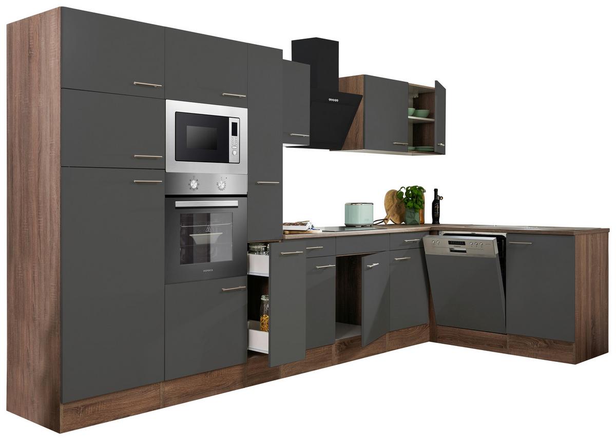 Eckküche Oliver mit Geräten ca. 370x172 cm Grau - Eichefarben/Grau, Basics, Holzwerkstoff/Metall (370/172cm) - Respekta