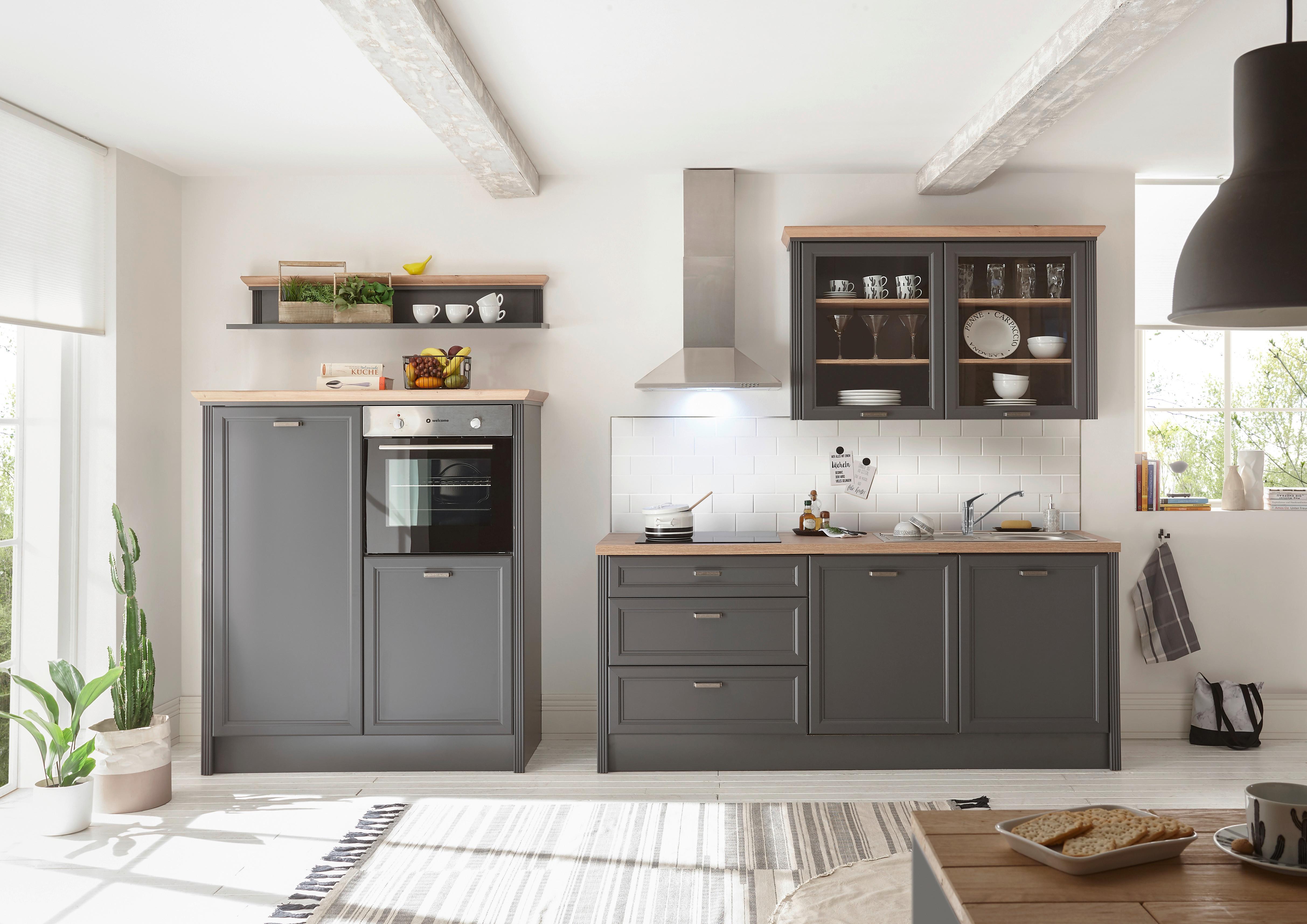 Küchenblock Jasmit mit Geräten ca. 210 cm Anthrazit/Eiche - Anthrazit/Eiche Artisan, ROMANTIK / LANDHAUS, Glas/Holzwerkstoff (210-134cm) - P & B