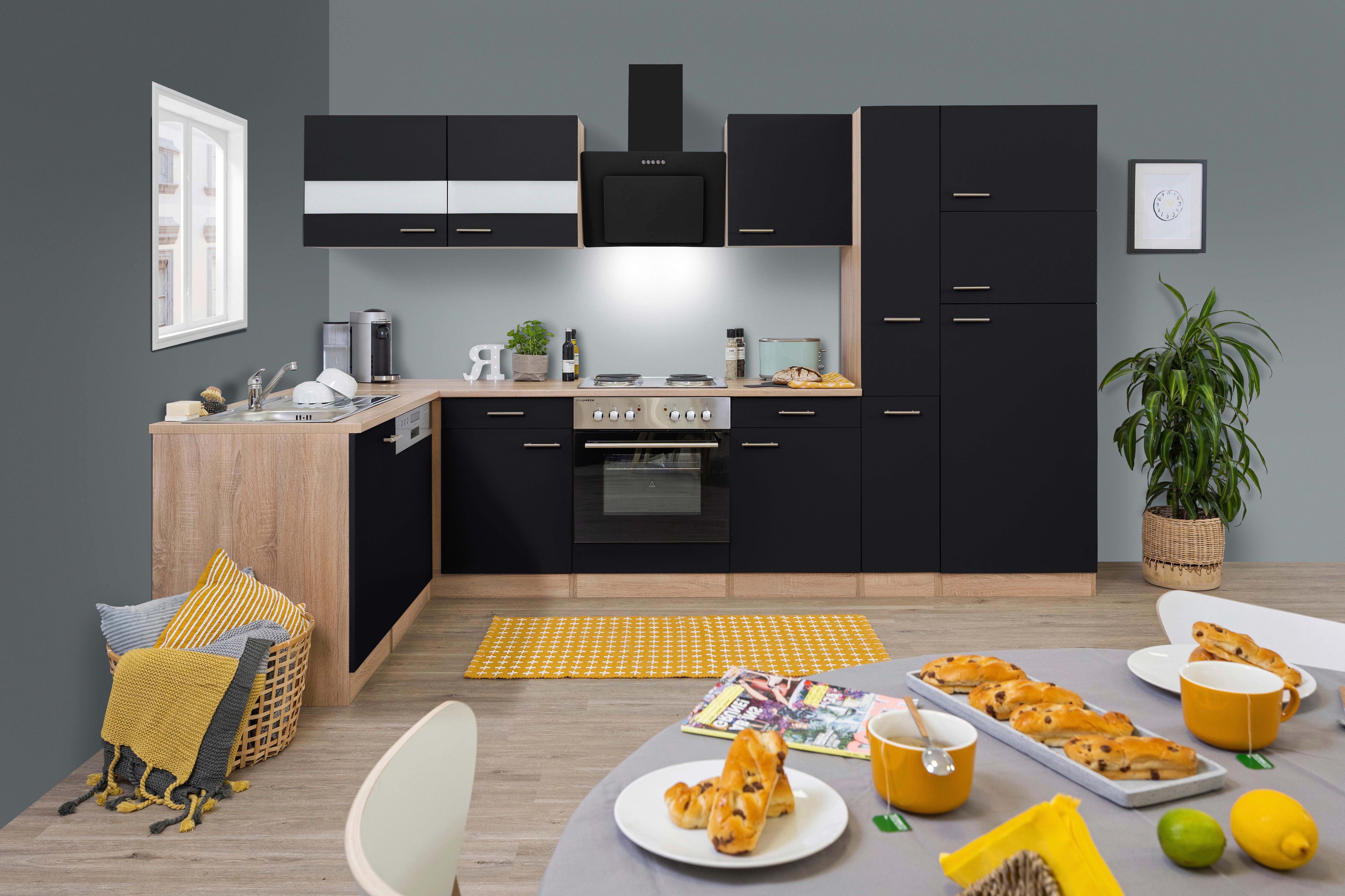 Eckküche Economy Schwarz /Eichefarben ca. 172x310 cm - Edelstahlfarben/Eichefarben, Basics, Glas/Holzwerkstoff (172/310cm) - Respekta
