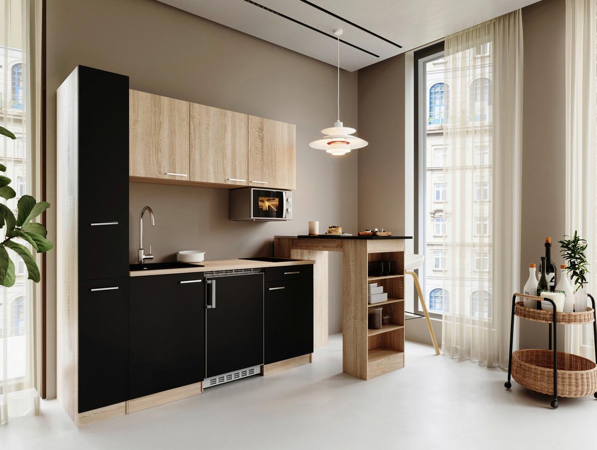 Küchenblock Ingrid m. Geräten Schwarz - Eichefarben/Schwarz, Design, Holzwerkstoff/Kunststoff (180cm) - Respekta