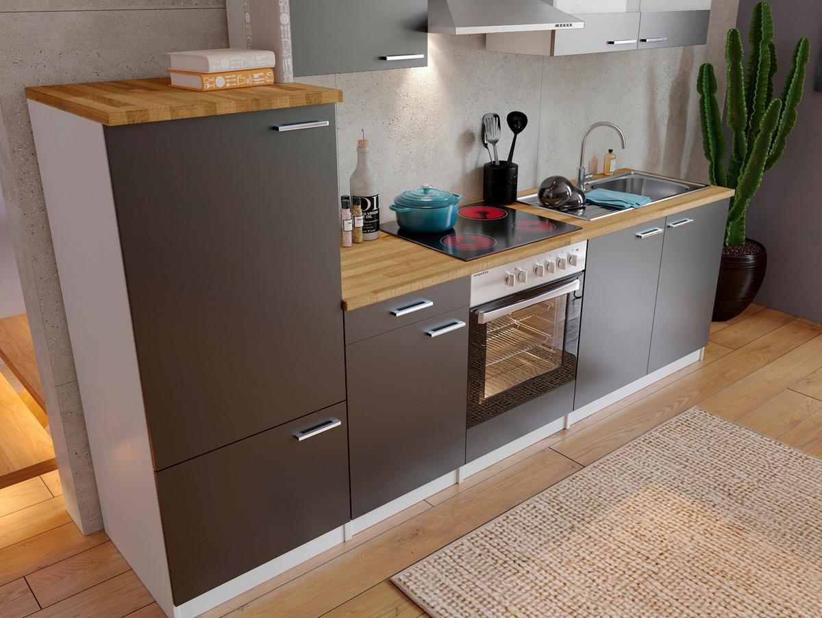 Küchenzeile ohne Geräte B: 270 cm Grau/Weiß/Nussbaum Dekor - Edelstahlfarben/Nussbaumfarben, Basics, Holzwerkstoff/Metall (270/200/60cm) - Respekta