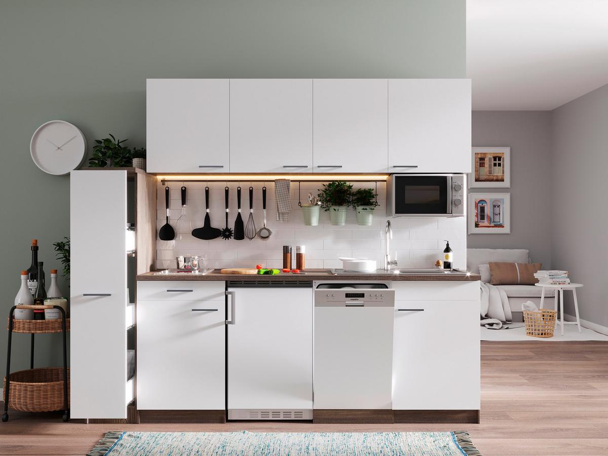 Küchenblock Oliver mit Geräten ca. 225 cm Weiß - Eichefarben/Alufarben, Basics, Holzwerkstoff/Kunststoff (225cm) - Respekta